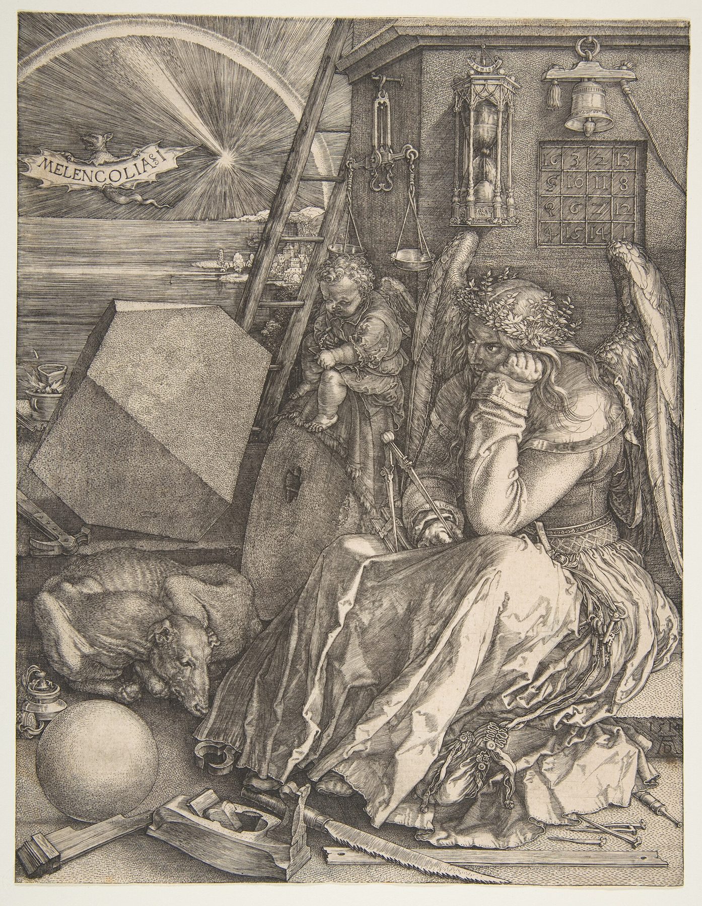 An engraving of a seated winged figure surrounded by tools, a large stone polyhedron, a ladder, an hourglass and a square of numbers on the wall.