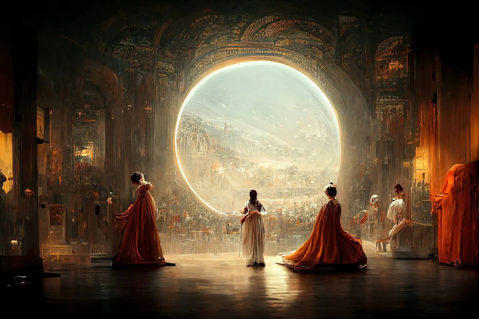 A dark, ornate hall like an opera stage. Three figures in long orange and white gowns stand on a shining floor before a huge round opening, through which a bright, hazy landscape or city is seen.
