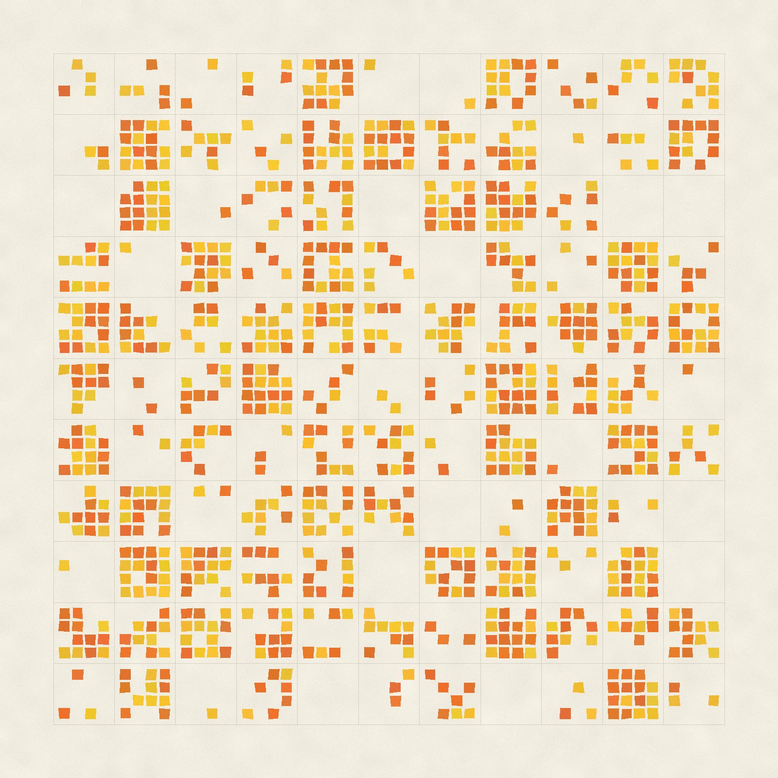 A square divided into 121 small cells. Each cell holds between none and fifteen small yellow and orange squares, scattered over a four by four grid, so that some cells are empty and some almost full.