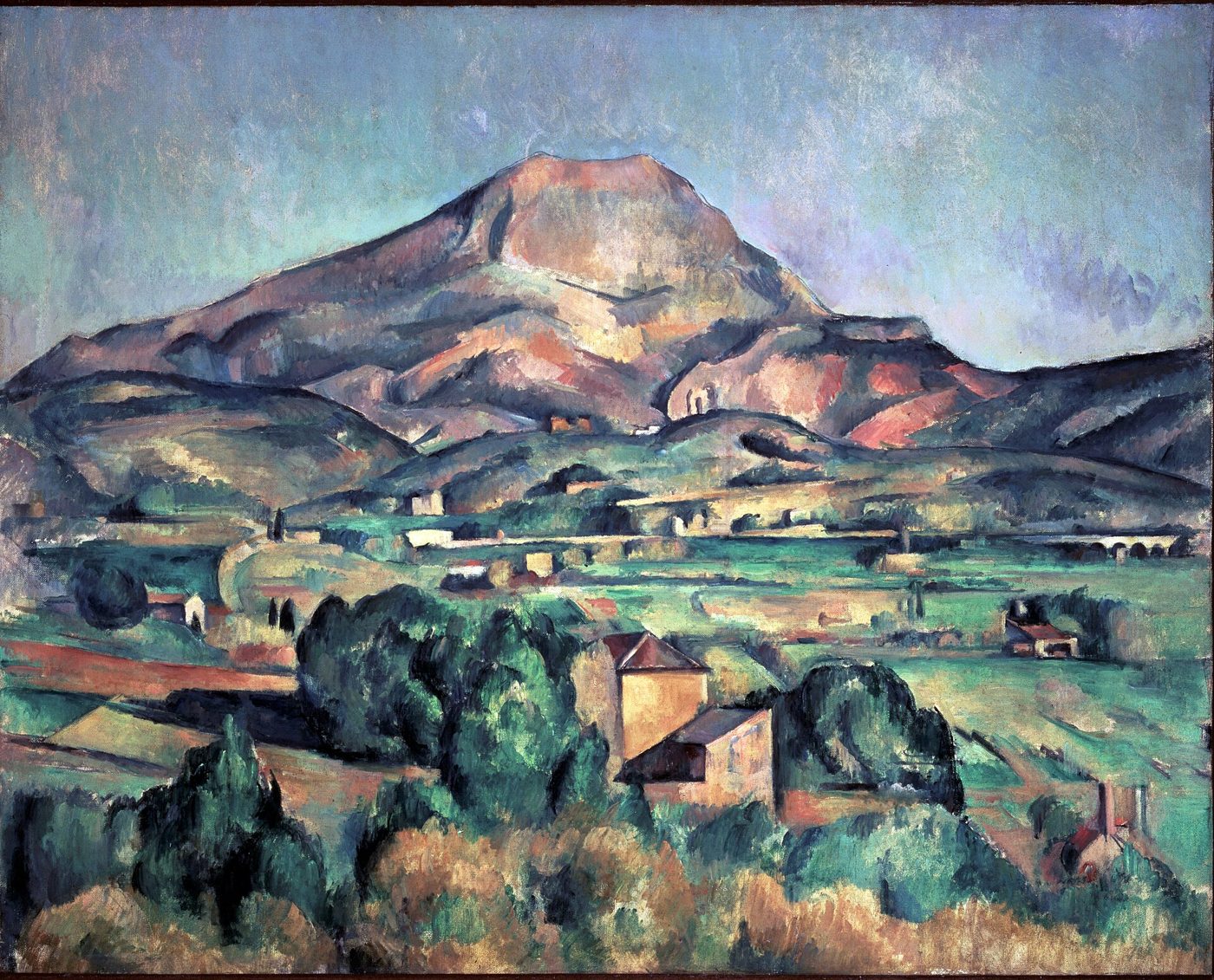 A painting of a mountain above a green valley with houses and trees, in blues, greens and ochres.