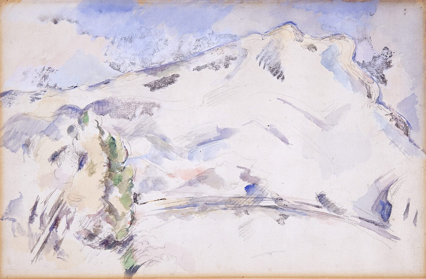 A light watercolour of a mountain ridge, mostly white paper with blue and green strokes.