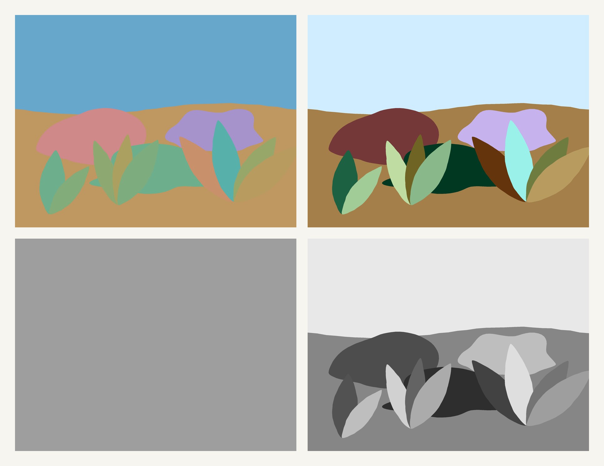 Four panels. Top left: a landscape of rocks and leaves in many different colours. Top right: the same landscape with the same colours made lighter and darker. Bottom left: the top left image in grey, a single flat grey with nothing visible. Bottom right: the top right image in grey, with every form still clearly visible.