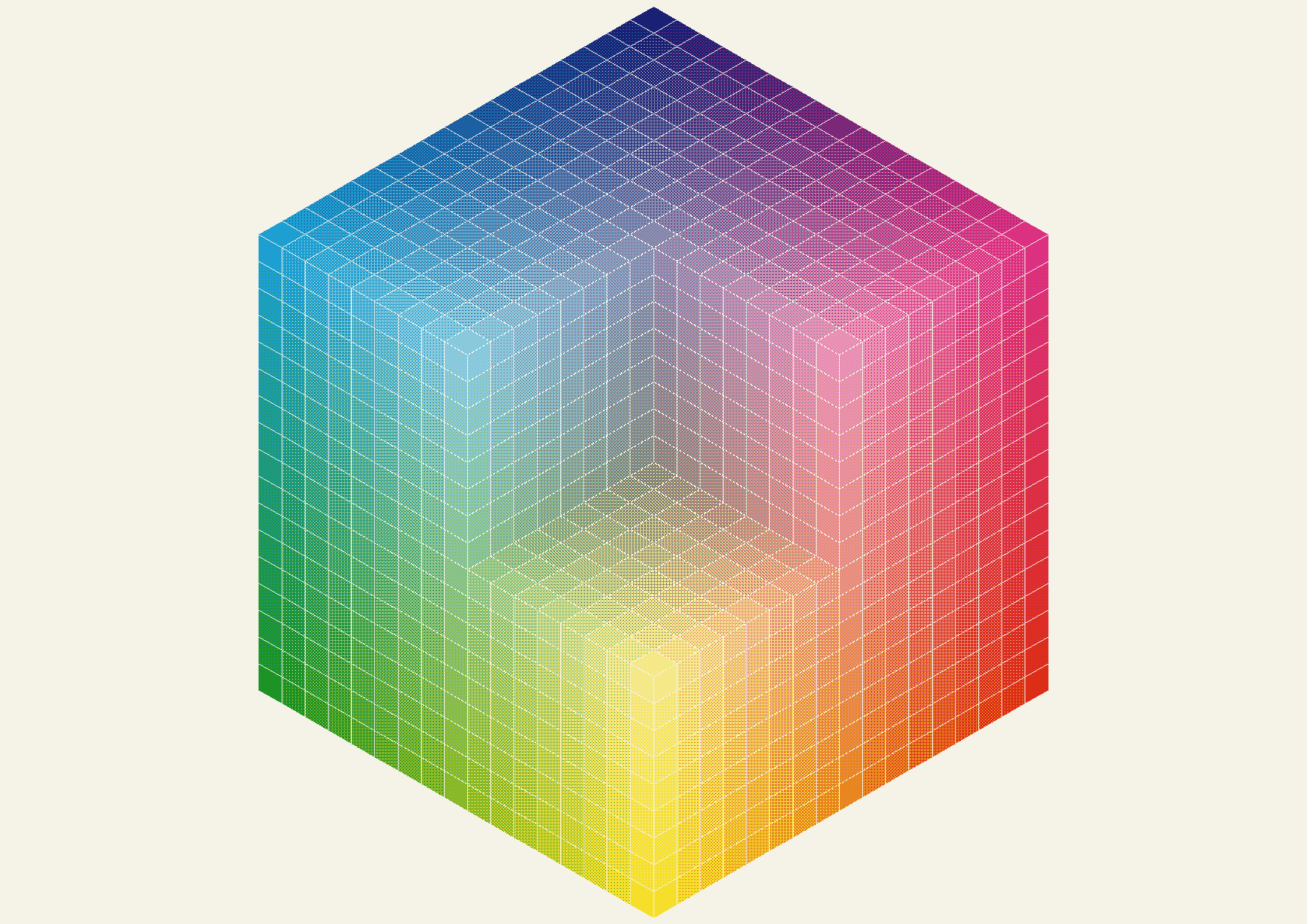 An isometric cube built from 17 × 17 × 17 small cubes in soft printed colours, from pale yellow at the bottom through green, orange, cyan and magenta to dark blue at the top, with the nearest corner cut away.