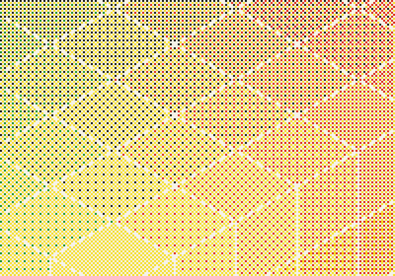 An enlarged detail of the cube: a pattern of separate cyan, magenta, yellow and black dots in a regular grid, with white lines between the faces of the small cubes.