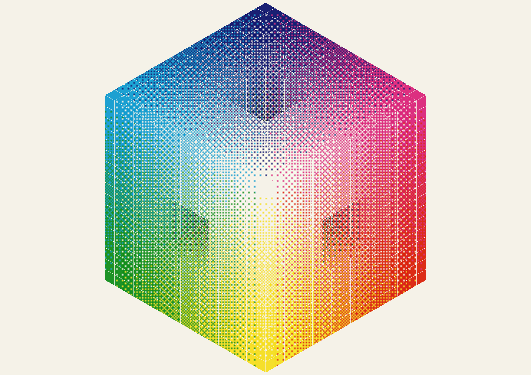 The colour cube with three square tunnels cut straight through it.