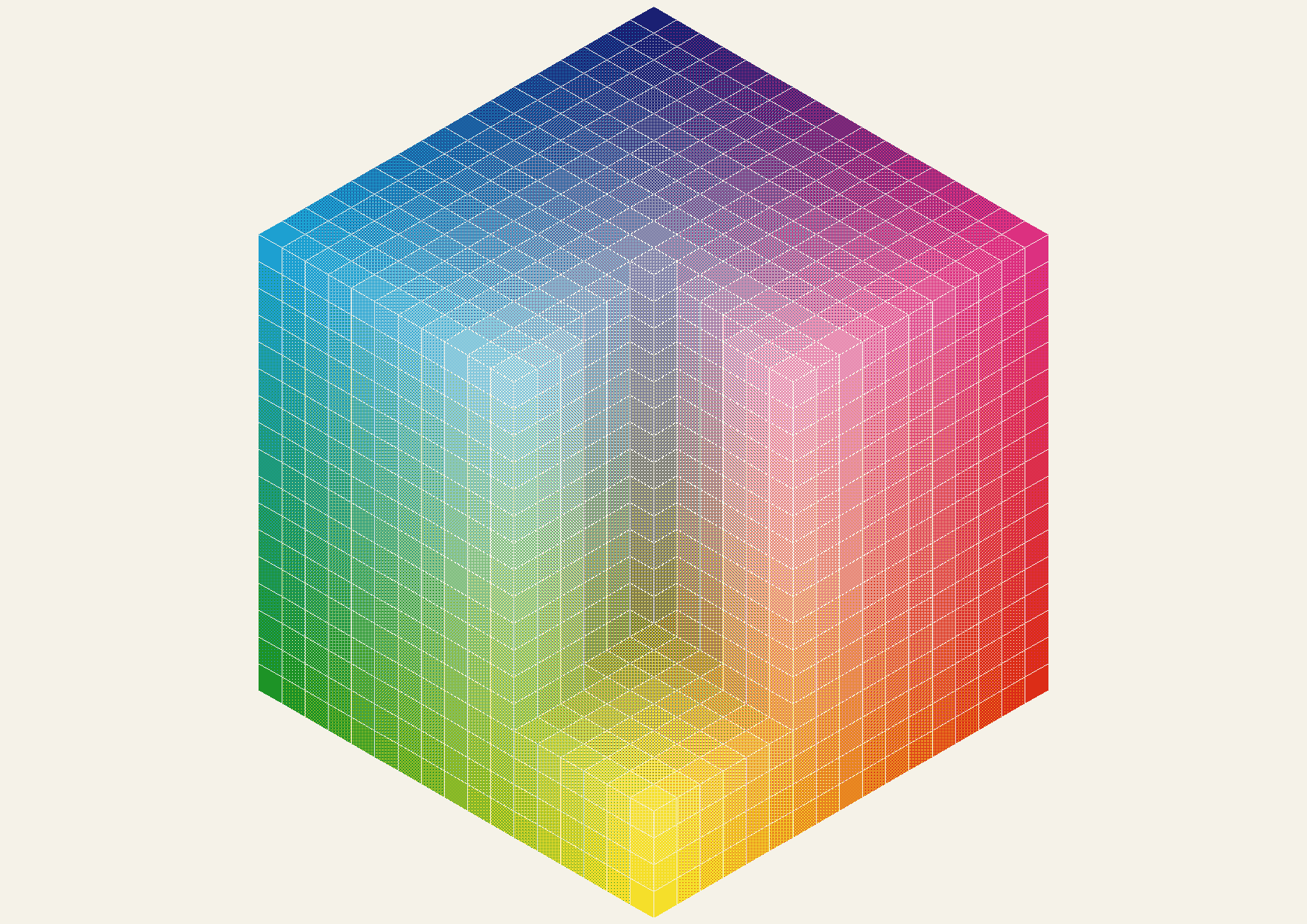 The colour cube with a wedge, a cake slice, cut down through it.