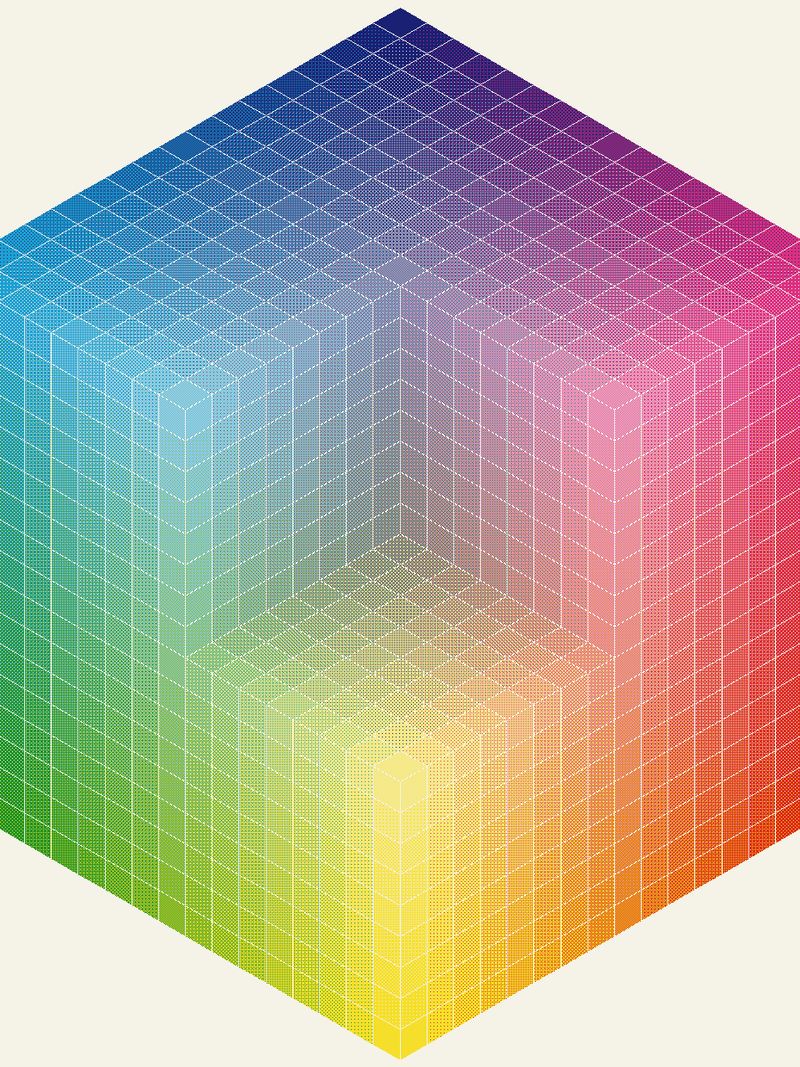 An isometric cube built from 17 × 17 × 17 small cubes in soft printed colours, from pale yellow at the bottom through green, orange, cyan and magenta to dark blue at the top, with the nearest corner cut away.