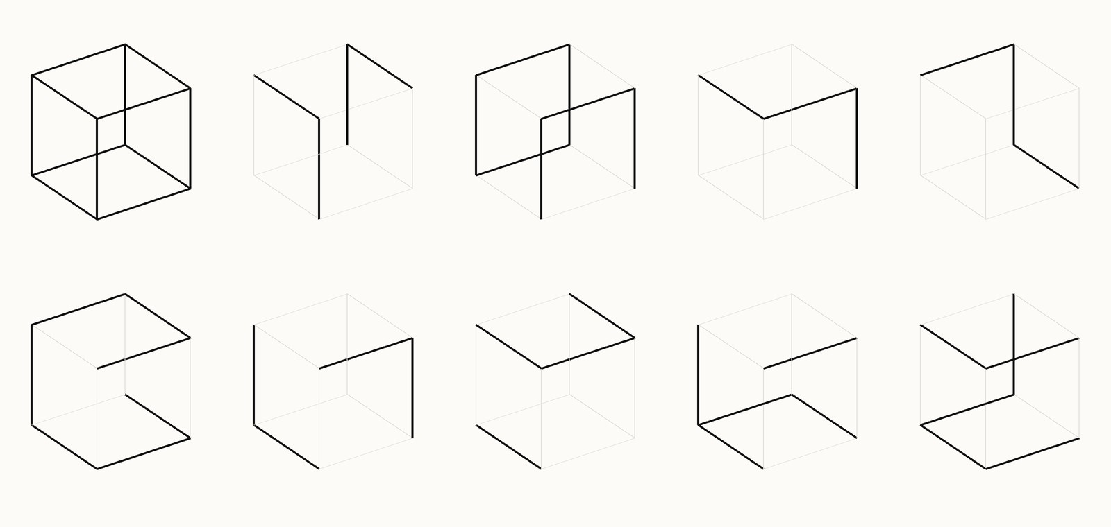 Ten small drawings of a cube in perspective. The first shows all twelve edges in black. The other nine show only three to seven of the edges in black, with the rest in very light grey, so that each is a different open figure.