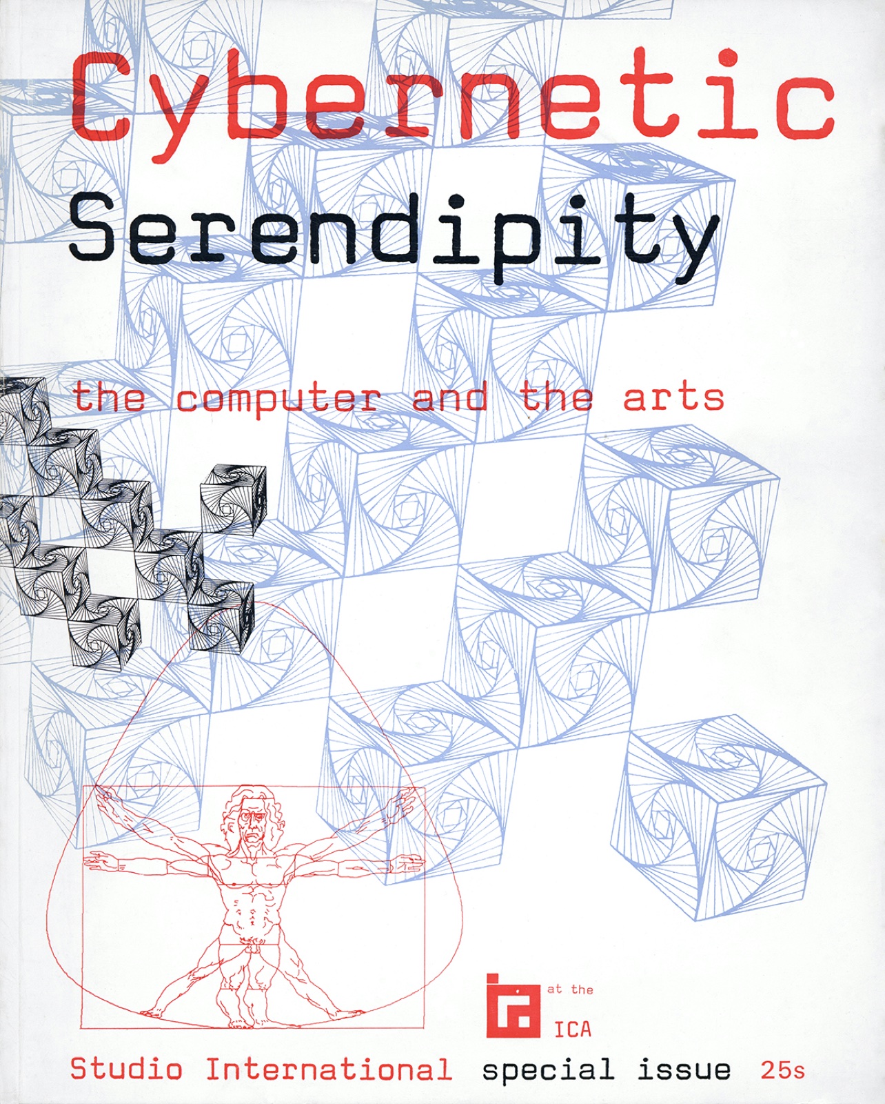 Magazine cover. The words Cybernetic Serendipity, the computer and the arts, over a pattern of pale blue cubes made of fine lines, a cluster of black cubes, and a red line drawing of Leonardo's Vitruvian Man.