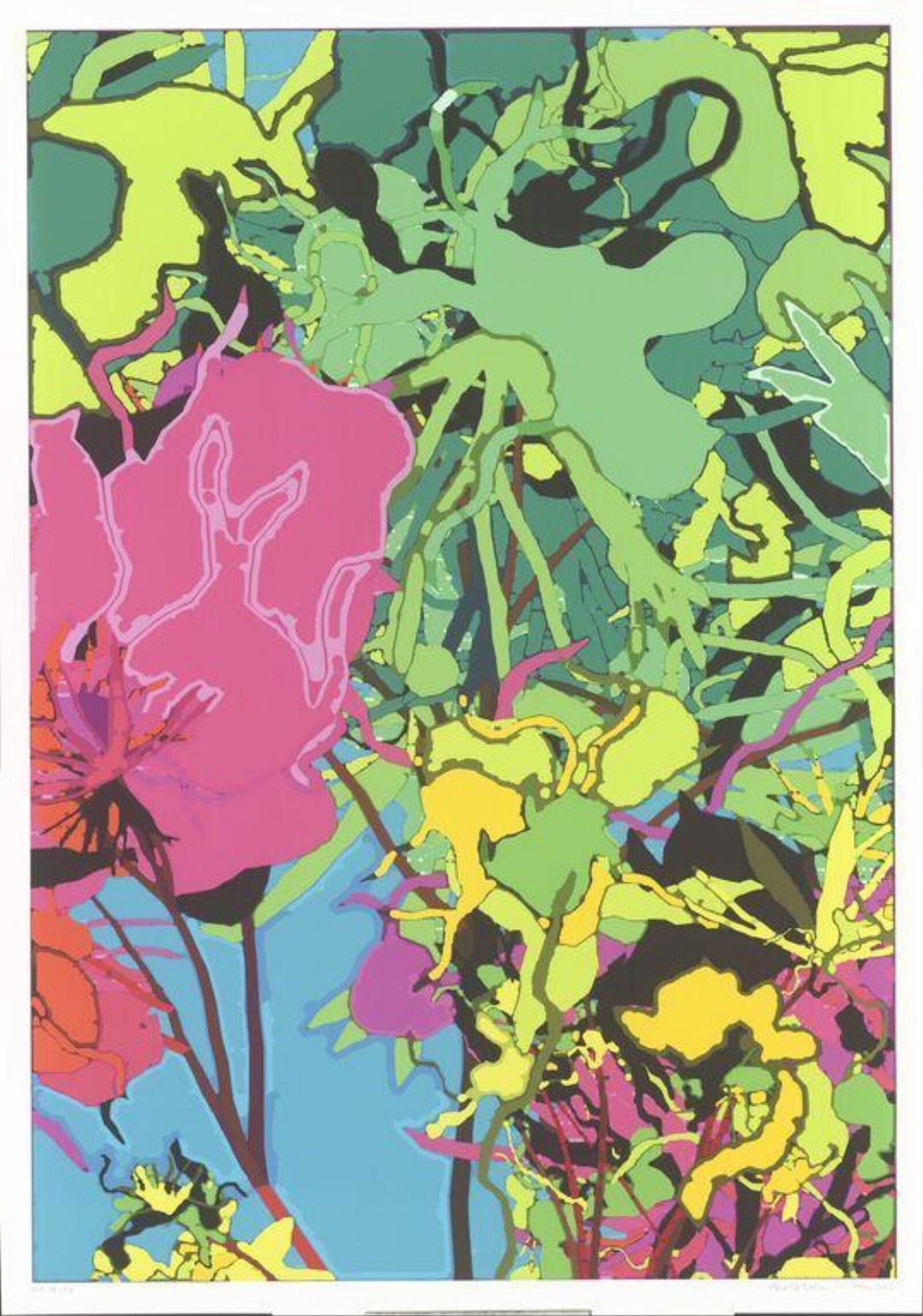 A tall print densely filled with plant-like forms in saturated colours: pink and magenta blossoms, yellow and lime leaves, dark green tendrils, against patches of pale blue.