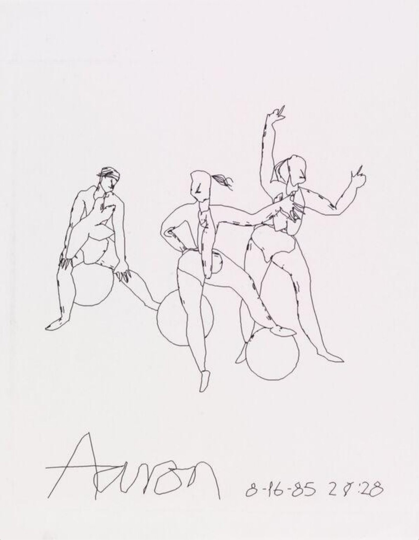 A plotter drawing in thin black line of three figures and three balls: a seated man on the left and two women who seem to be dancing. Below them, in large plotted letters, the signature Aaron and the date 8-16-85 20:28.