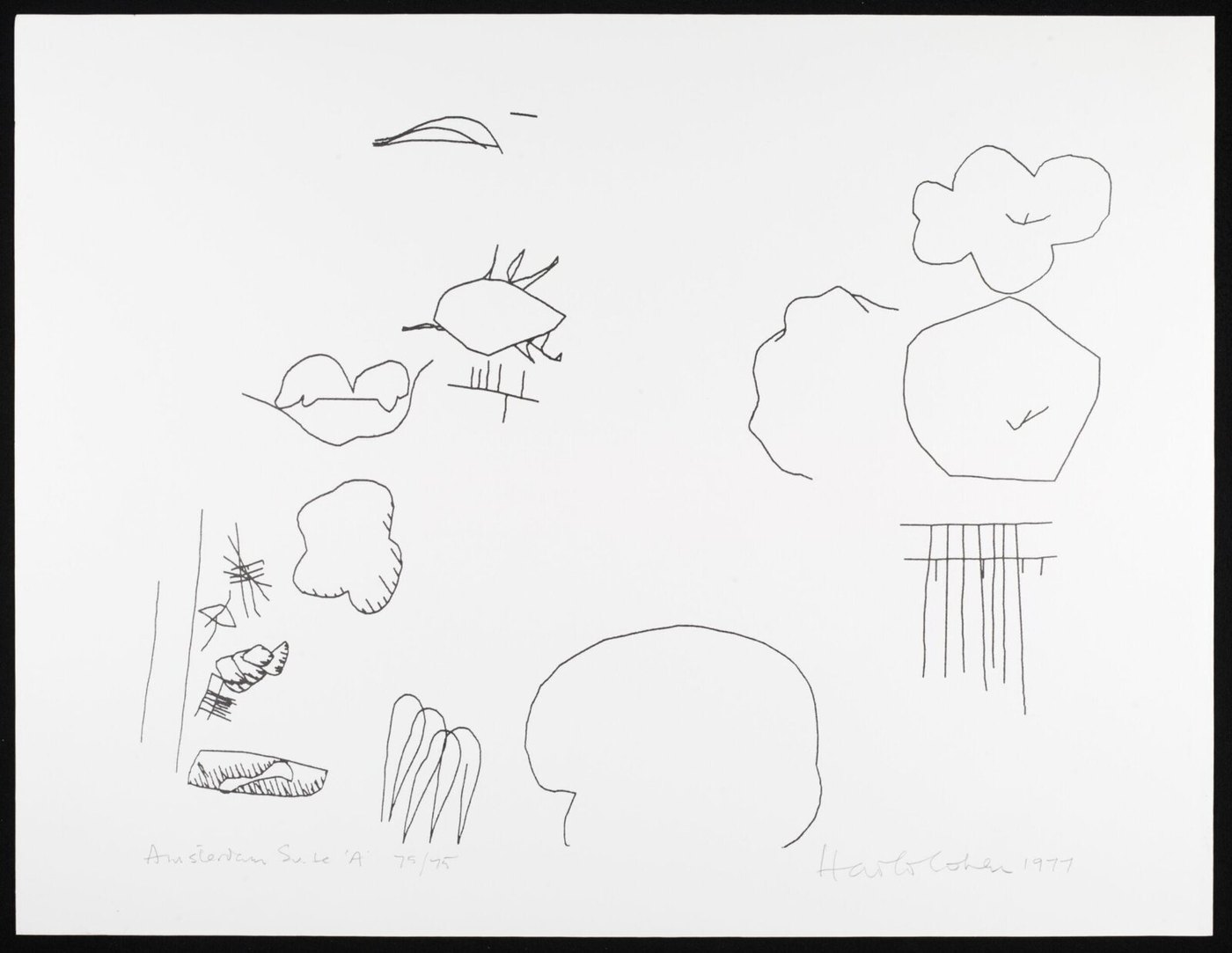 A wide white sheet with scattered, freely drawn black line forms: rounded closed shapes like clouds or stones, a small face-like form, a cluster of vertical strokes, a long open curve.