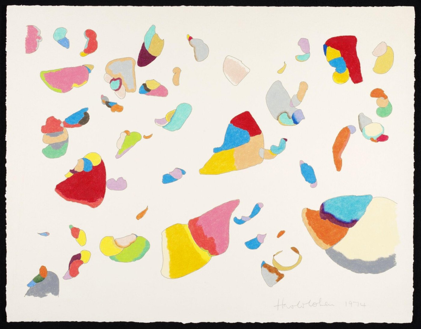 A white sheet scattered with small irregular closed forms drawn in black line and coloured by hand in coloured pencil: yellow, red, blue, pink, pale green, grey.