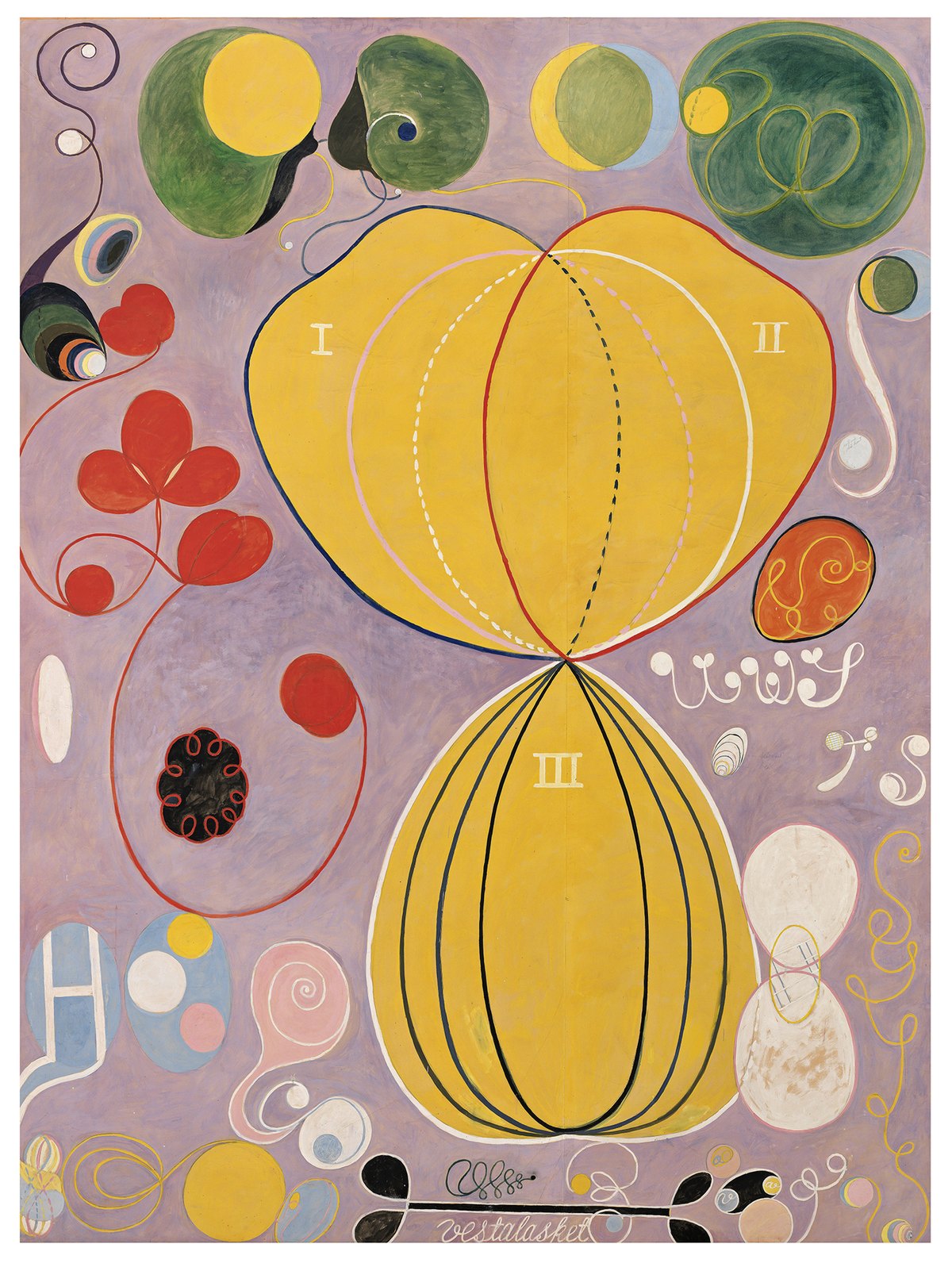 A tall painting on a lilac ground: two large yellow shapes meet at a point in the middle, like an hourglass, marked I, II and III, surrounded by green and yellow circles, red leaves, spirals and looping white letters.