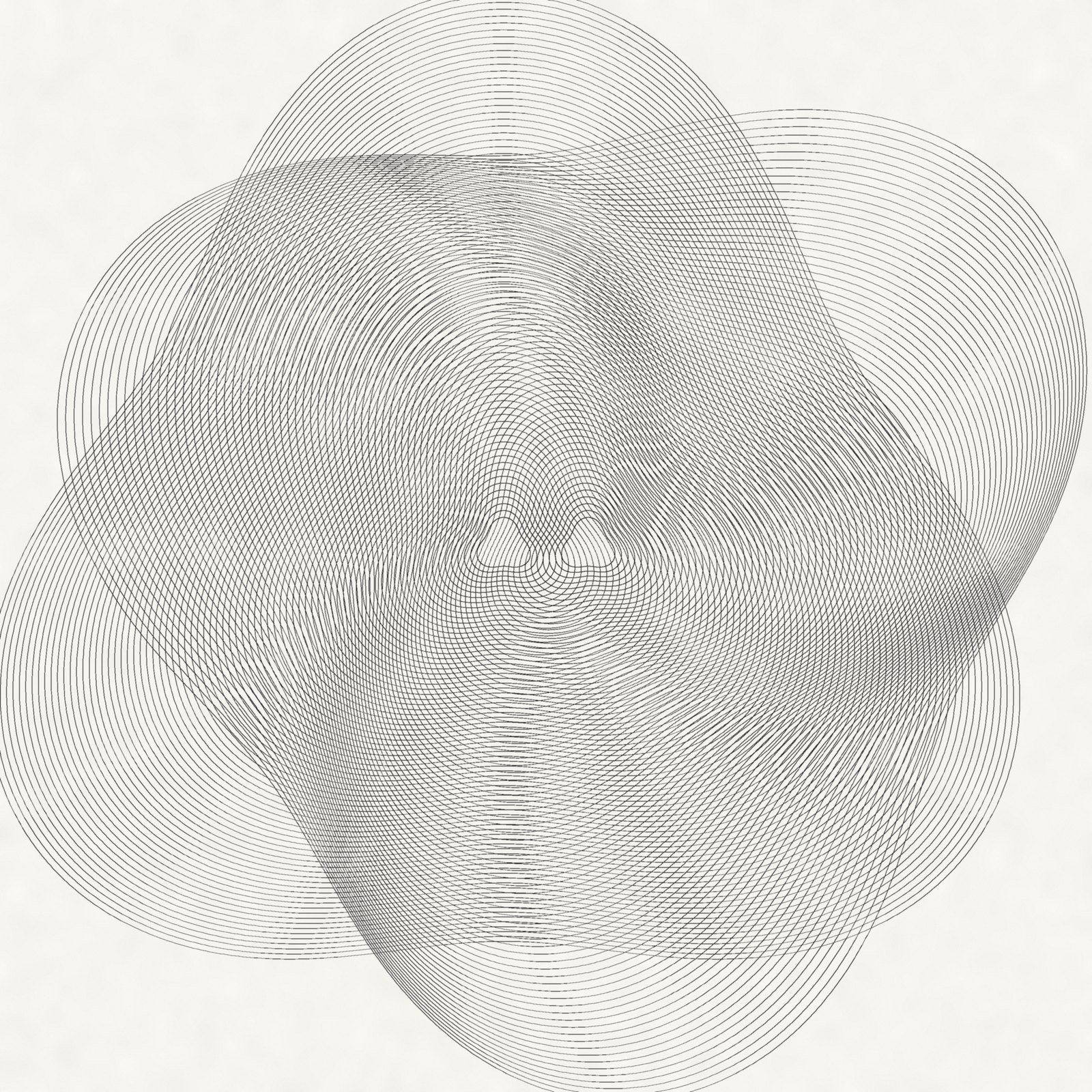 Two sets of about seventy closed, three-lobed curves, drawn in thin black lines and slightly offset from each other, so that a shimmering moiré pattern appears where they overlap.