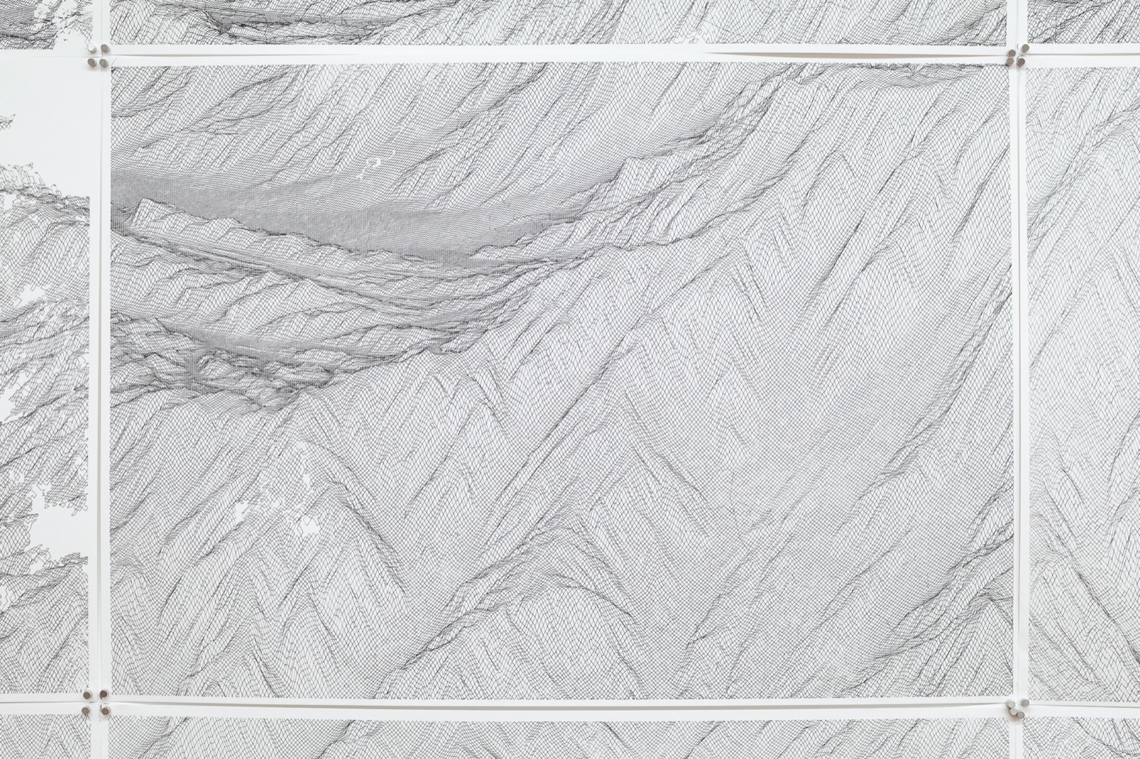 Several large sheets pinned edge to edge on a wall, covered in fine grey lines forming mountain ridges and valleys.