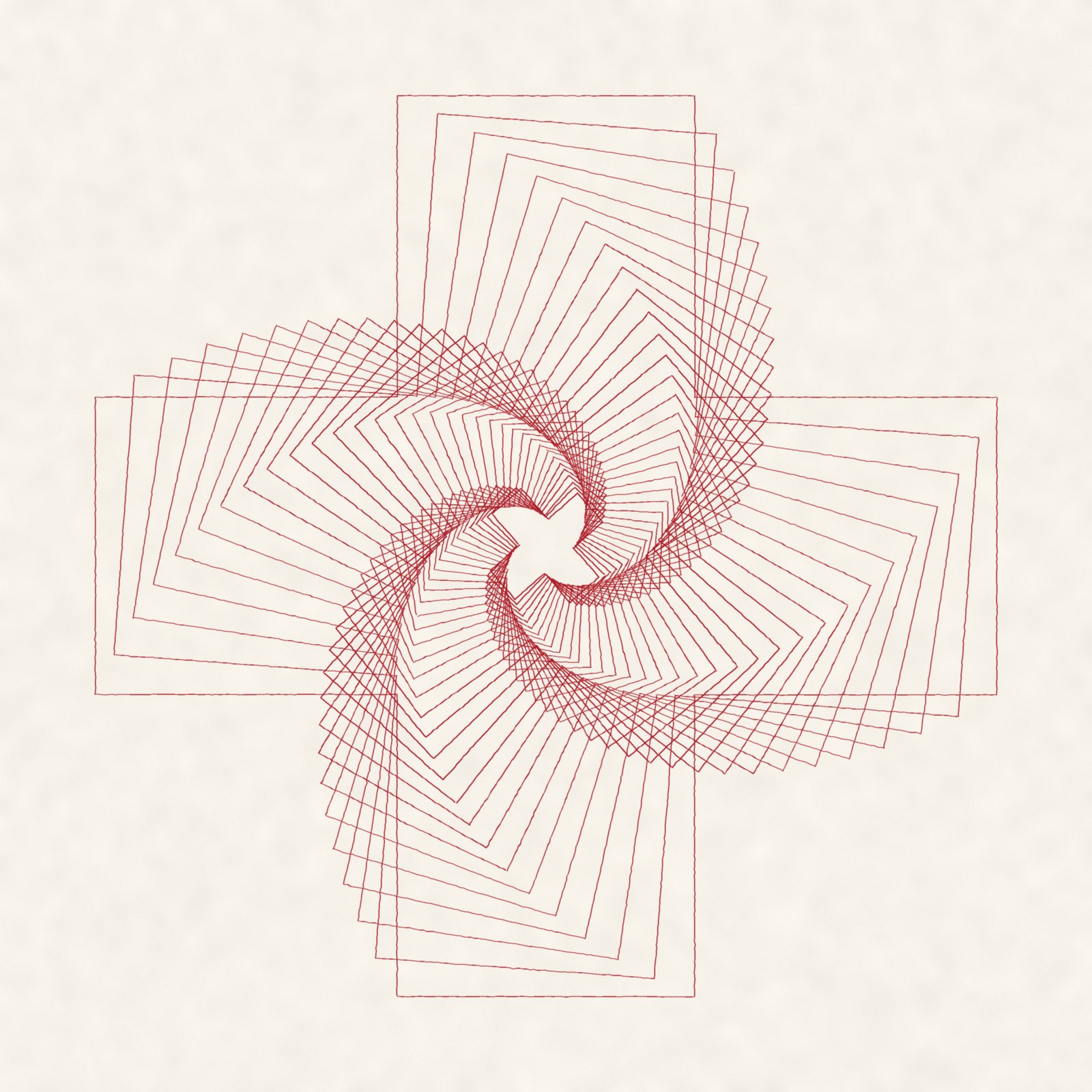 A red cross drawn thirty-four times in thin, slightly trembling plotter lines on warm paper, each smaller than the last and turned a little further, so that the crosses wind into a spiral towards the centre.