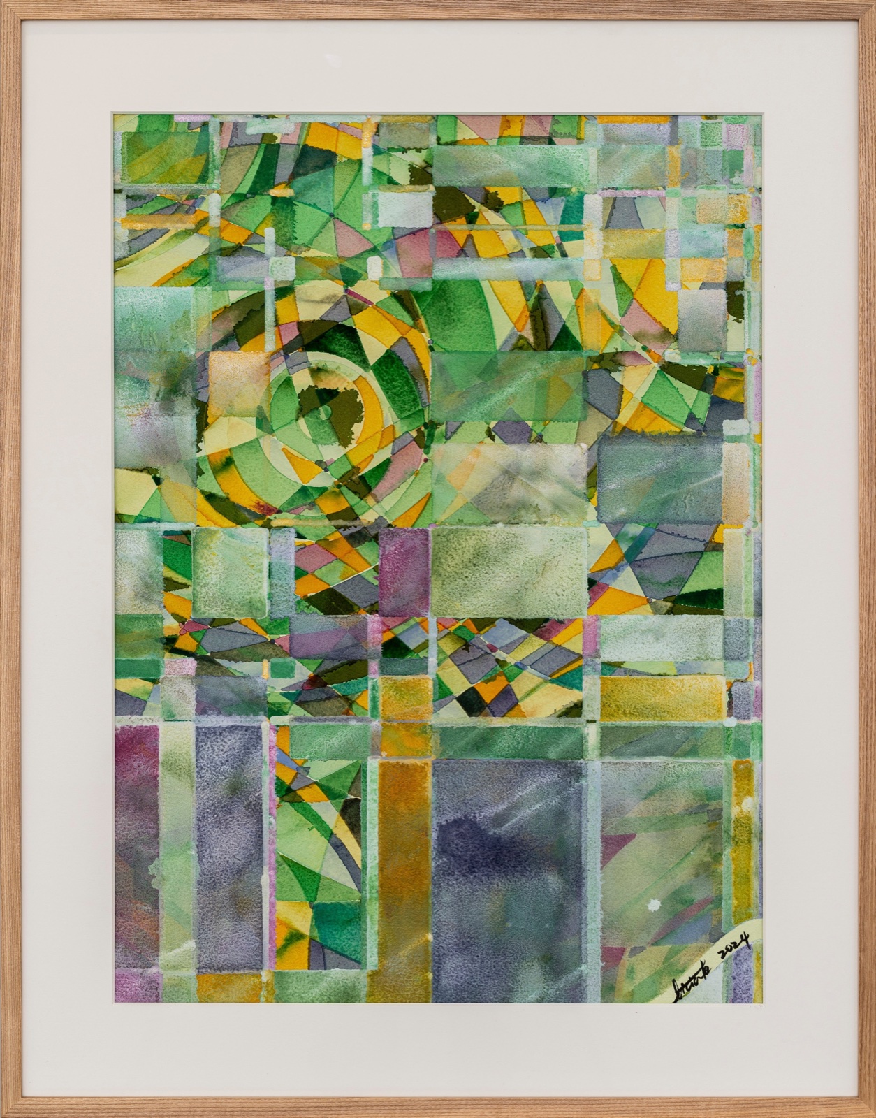 A framed watercolour of overlapping green, yellow, violet and grey rectangles and arcs, with soft edges where the paint has spread.