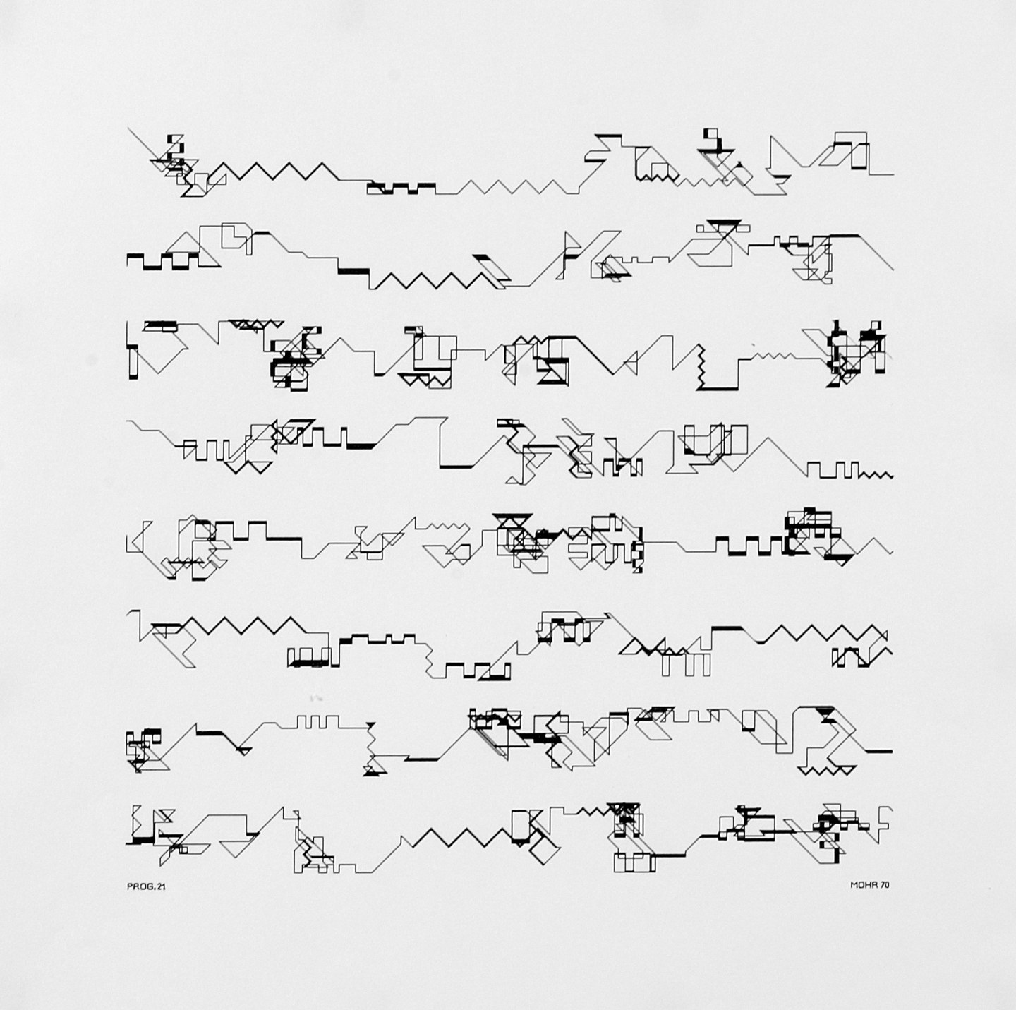 A square sheet with eight horizontal lines of small black marks drawn by a plotter. Each line is a band of zigzags, steps, square waves and dense knots, read from left to right like lines of writing.