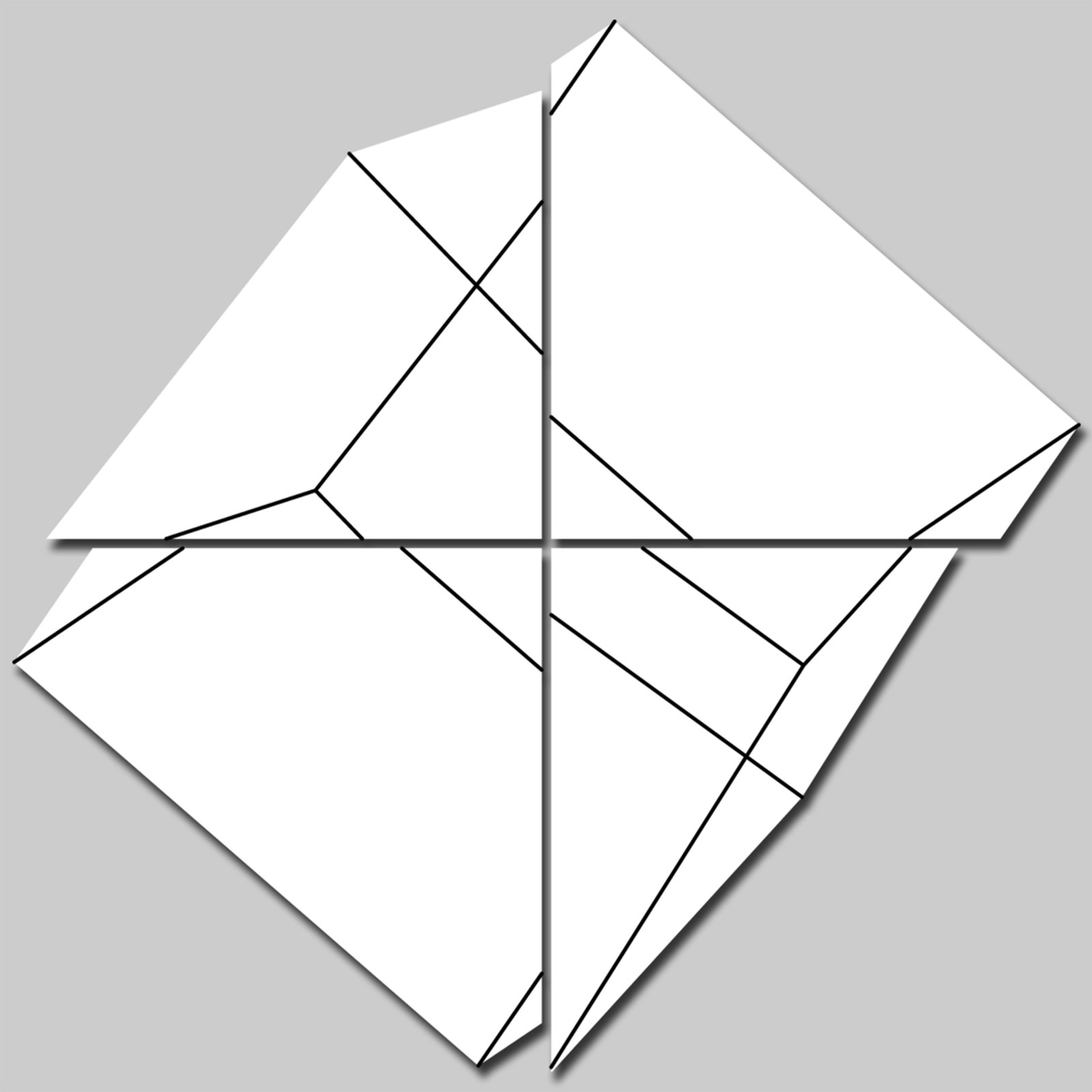 Four white canvases set together as a large square on a grey wall, turned on their points. Black lines cross them as fragments of a projected cube, so that the outer edges of the canvases follow the shape of the drawing.
