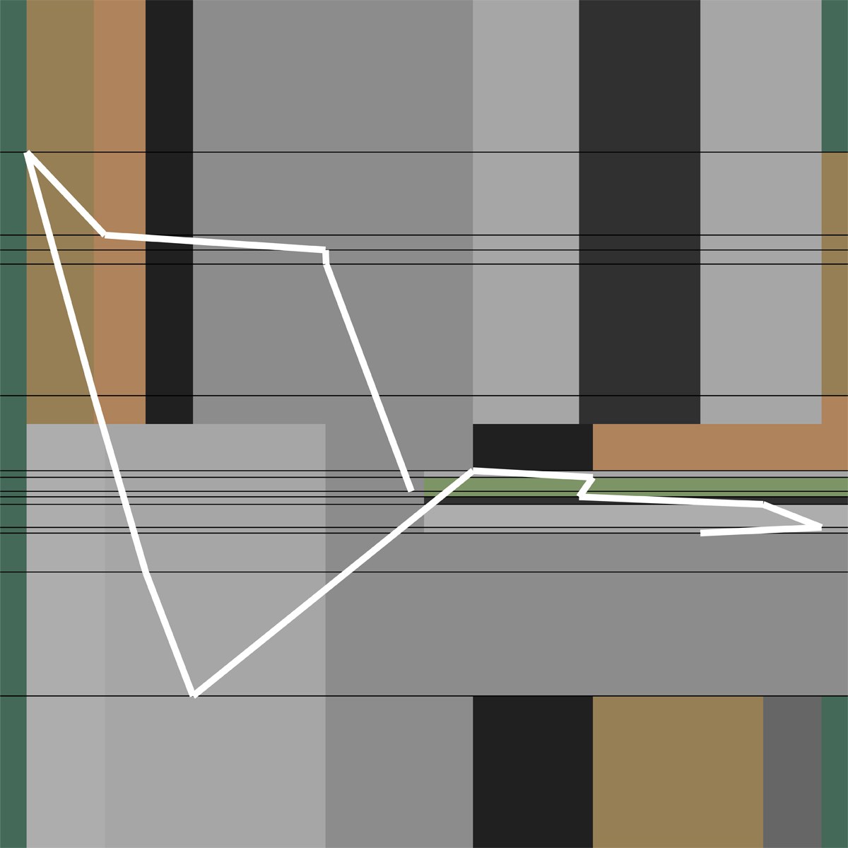 A square painting of vertical bands in greys, ochre, black and green, crossed by thin horizontal lines, with a bold white line that zigzags across the surface from upper left to lower right.