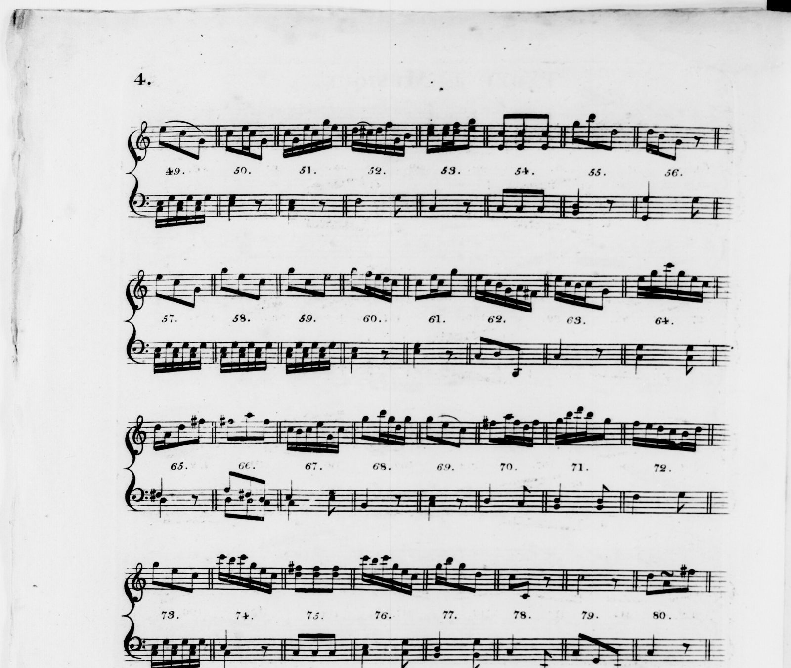 A page of printed music: short bars for piano, each numbered below, from 49 to 80.
