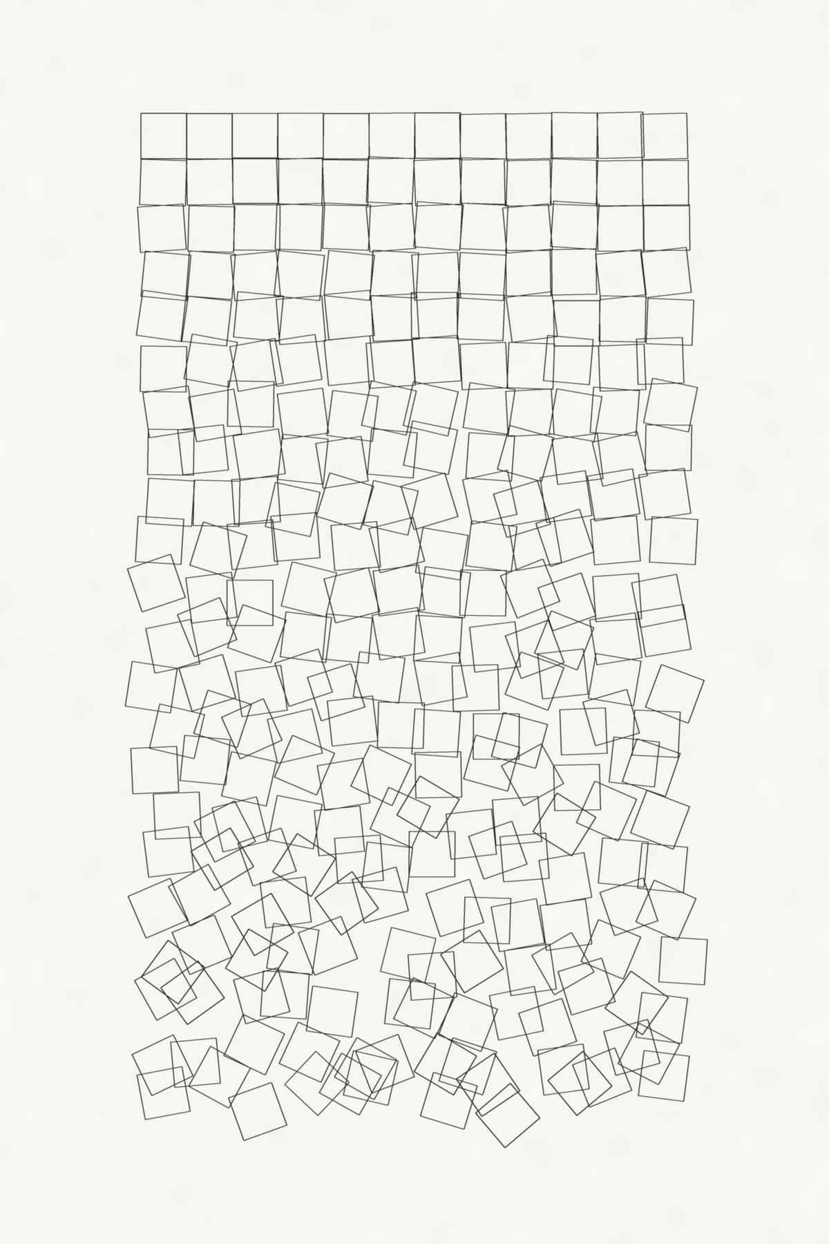 A tall sheet with a grid of small outlined squares, twelve across and twenty-two down. The top rows are straight and orderly; further down the squares shift and tilt more and more, and the bottom rows are scattered and overlapping.