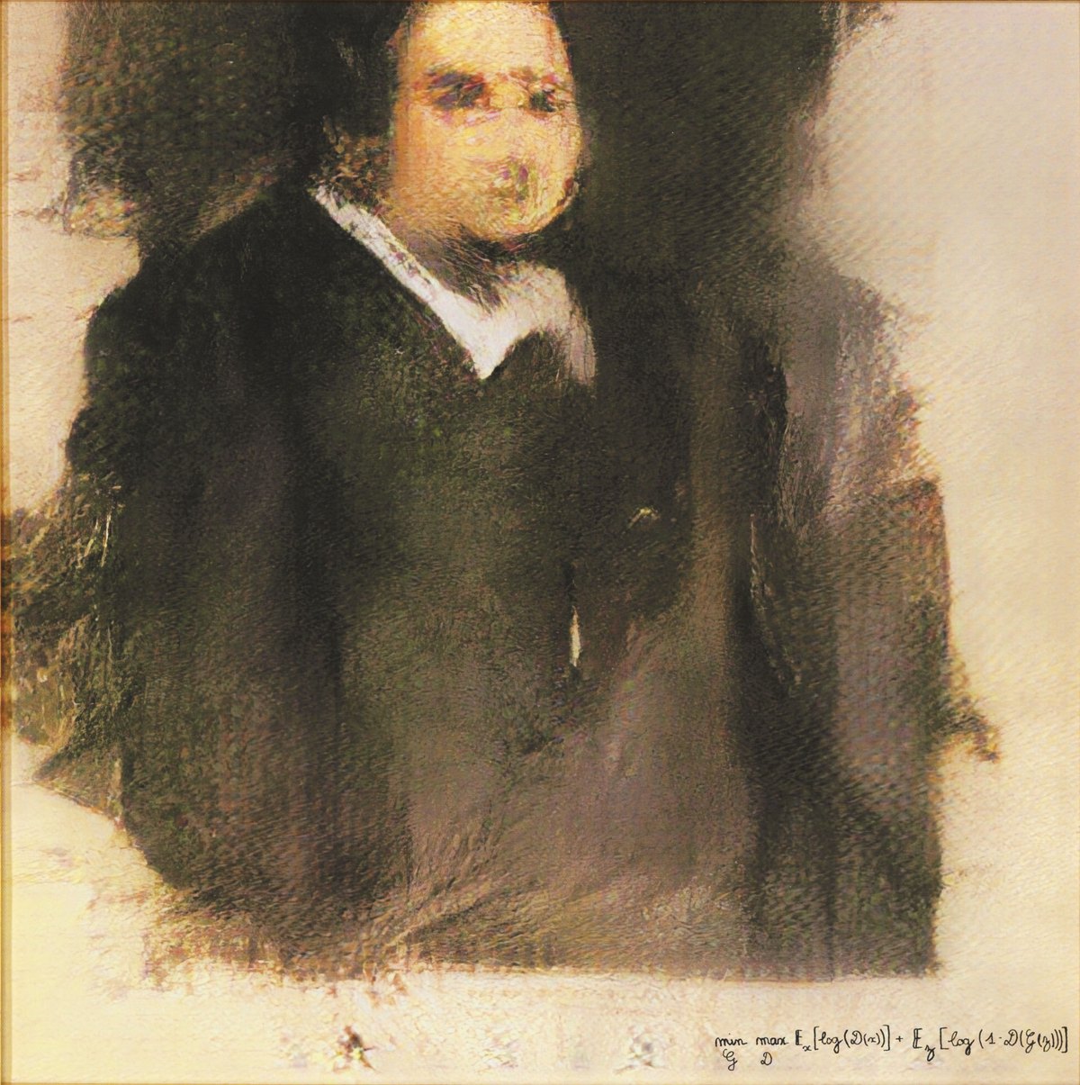 A blurred portrait of a man in a dark coat with a white collar, his face smeared and unfinished, on a pale ground. At the lower right, where a signature would be, a mathematical formula is written by hand.