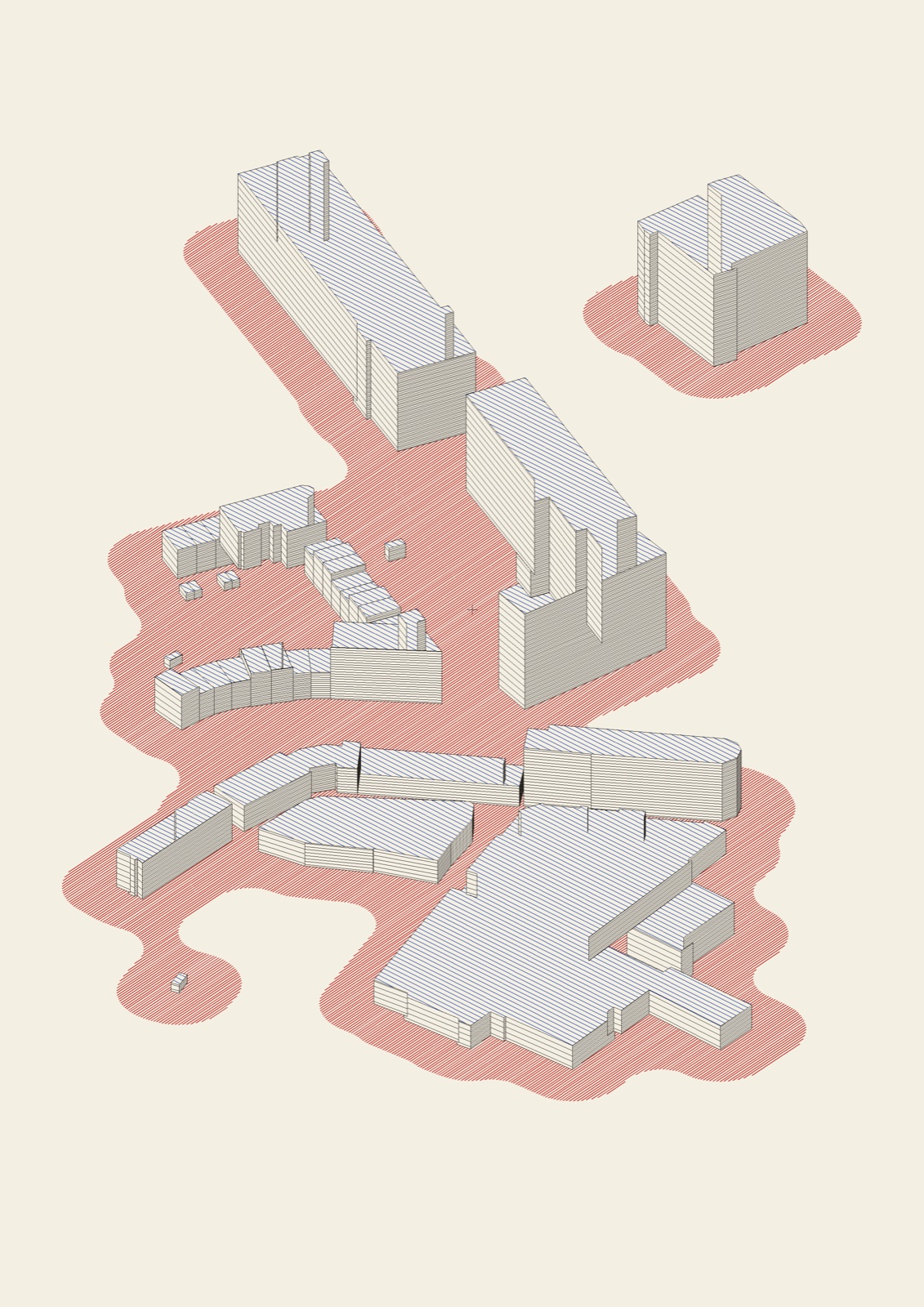 An isometric drawing of buildings made of fine black lines on cream paper, standing on ground covered with close red hatching.