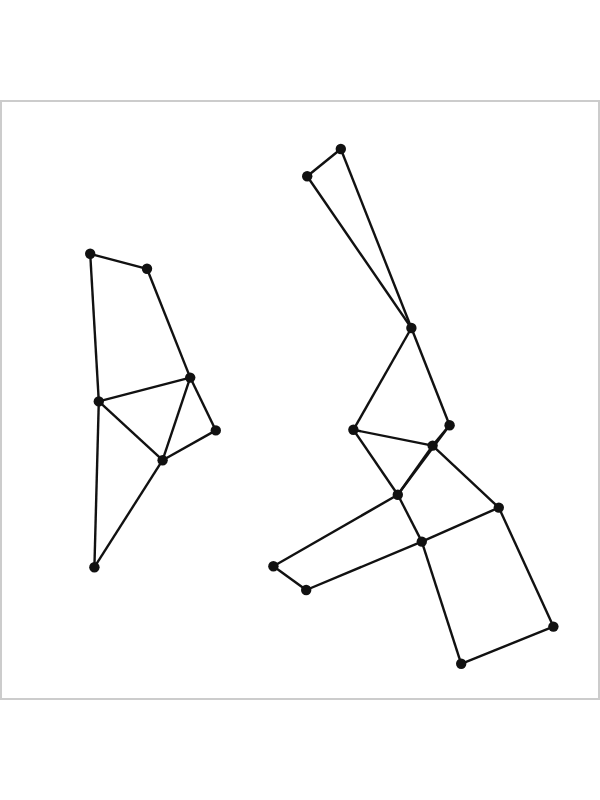A diagram with one written instruction, Place twenty points at random. Connect each point to its two nearest points, and below it three square drawings of points and lines, each different.