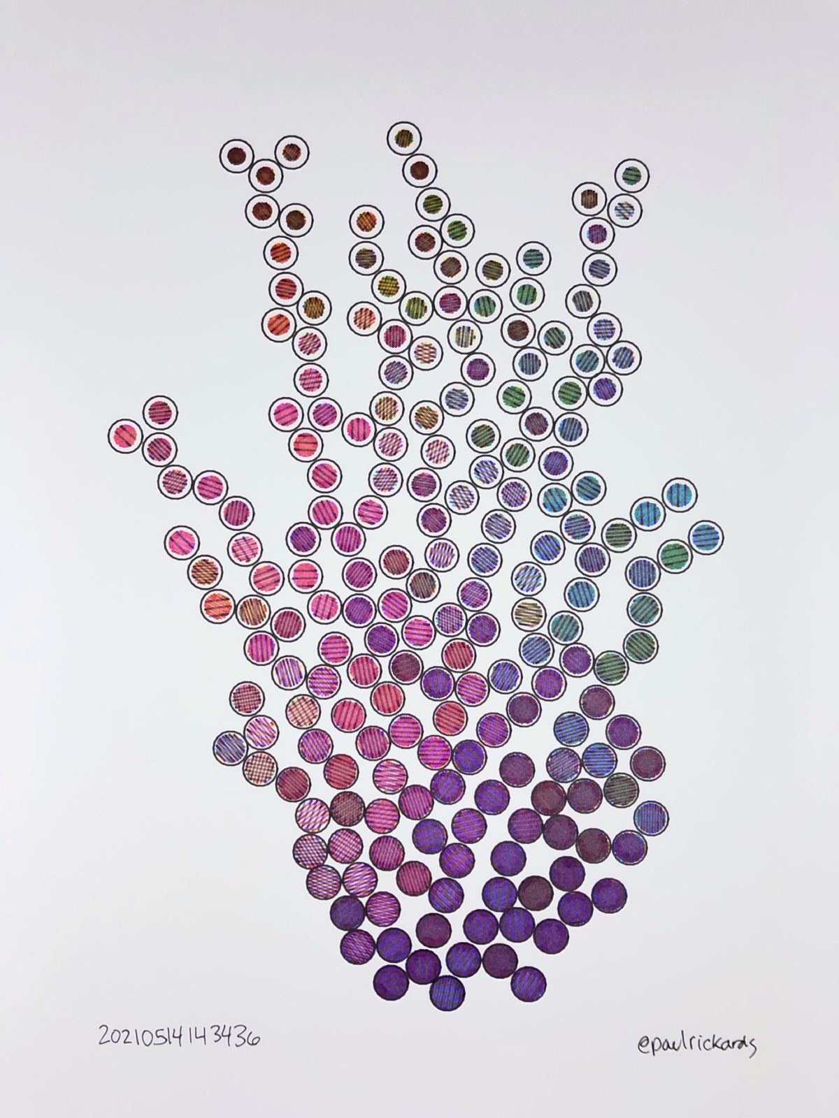Small circles, each filled with fine hatching in cyan, magenta and yellow, grow upward like branches from a cluster at the bottom.