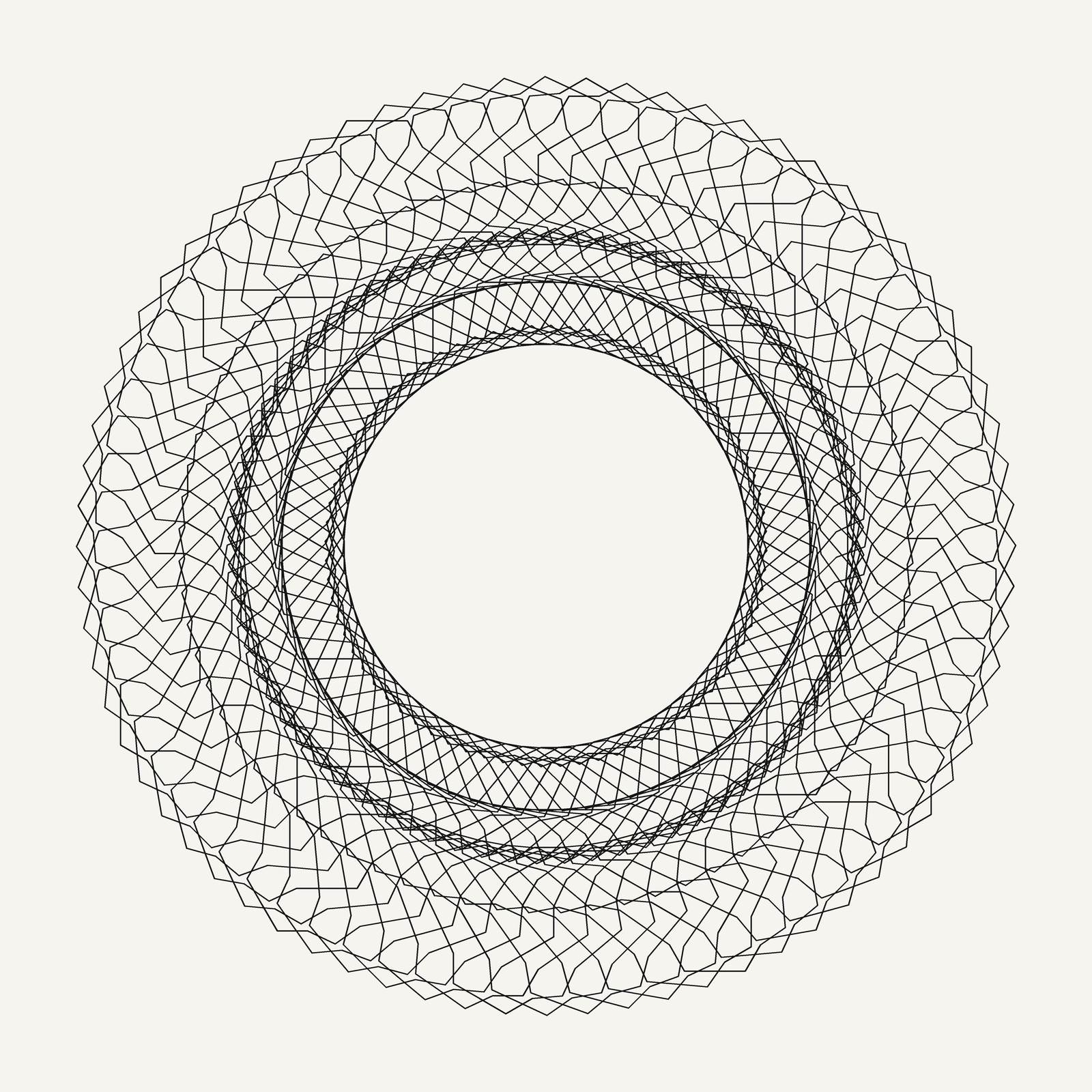 A single thin black line on off-white paper, looping round and round to form a wide ring of interlocking angular loops around an empty circle in the middle.