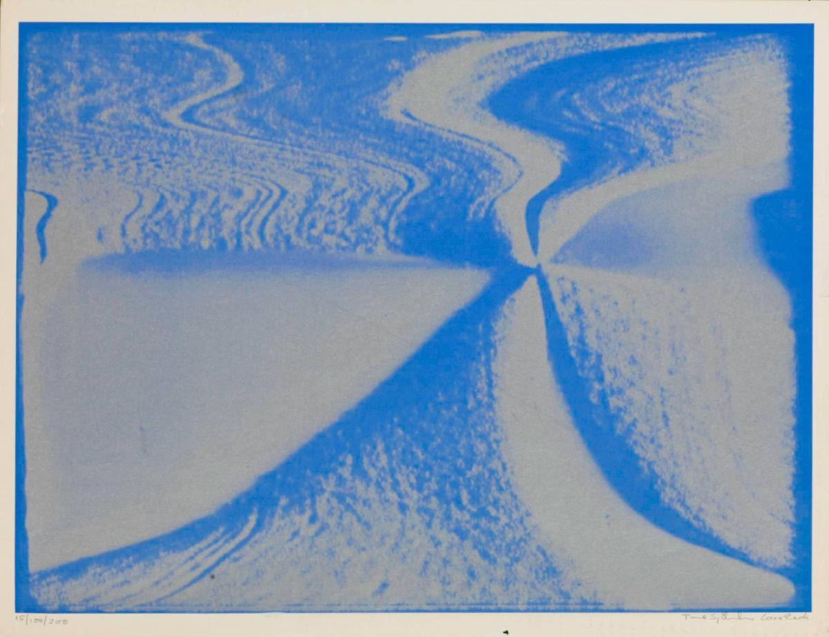 A silkscreen print in blue on grey: a photographic image pulled into long sweeping curves that meet in a narrow waist at the centre, like fabric twisted from both sides.