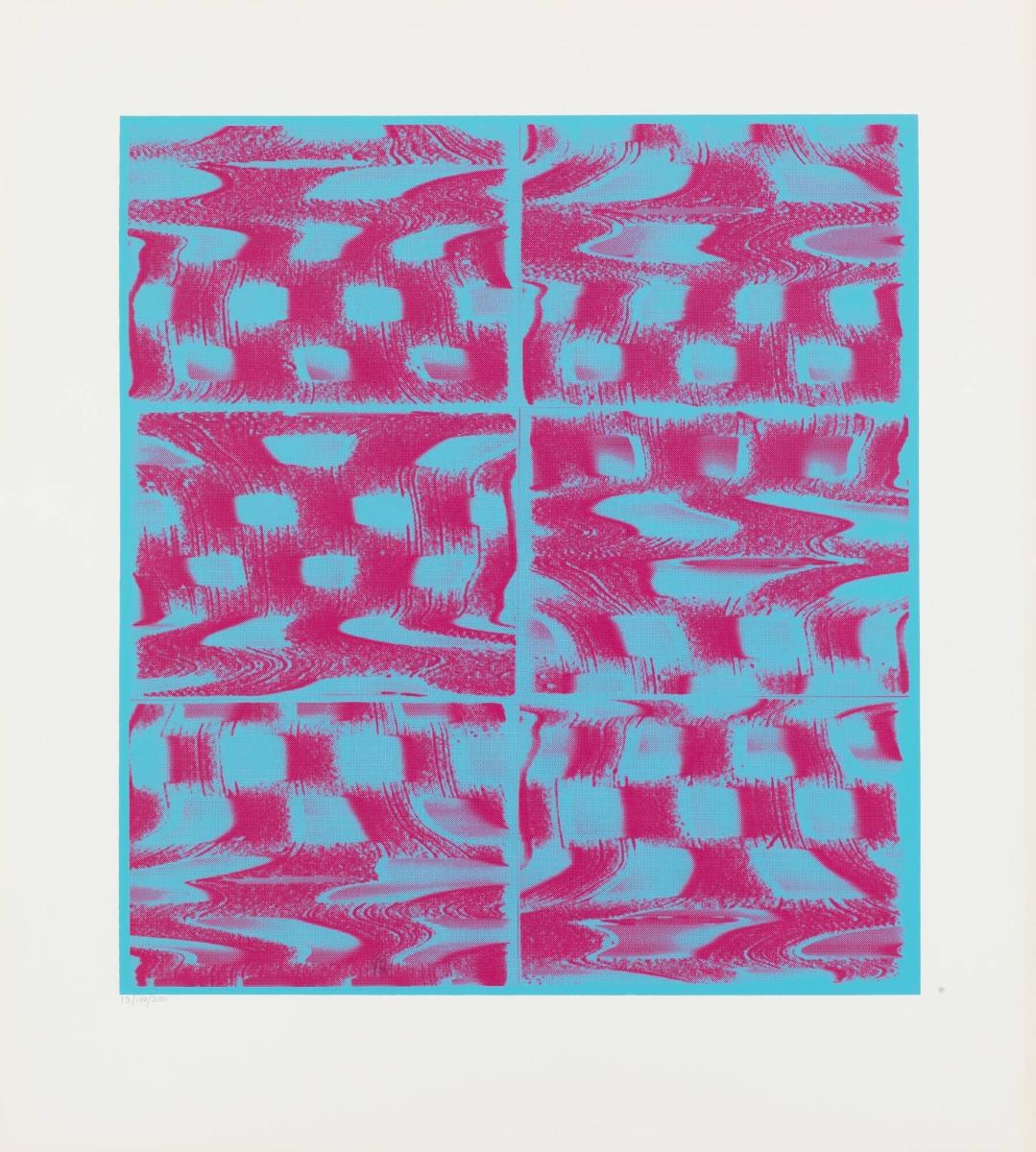 A silkscreen print in bright turquoise and magenta: a grid of six panels in which a pattern like a checkerboard has been bent into waves and smears, as if the image were melting sideways.