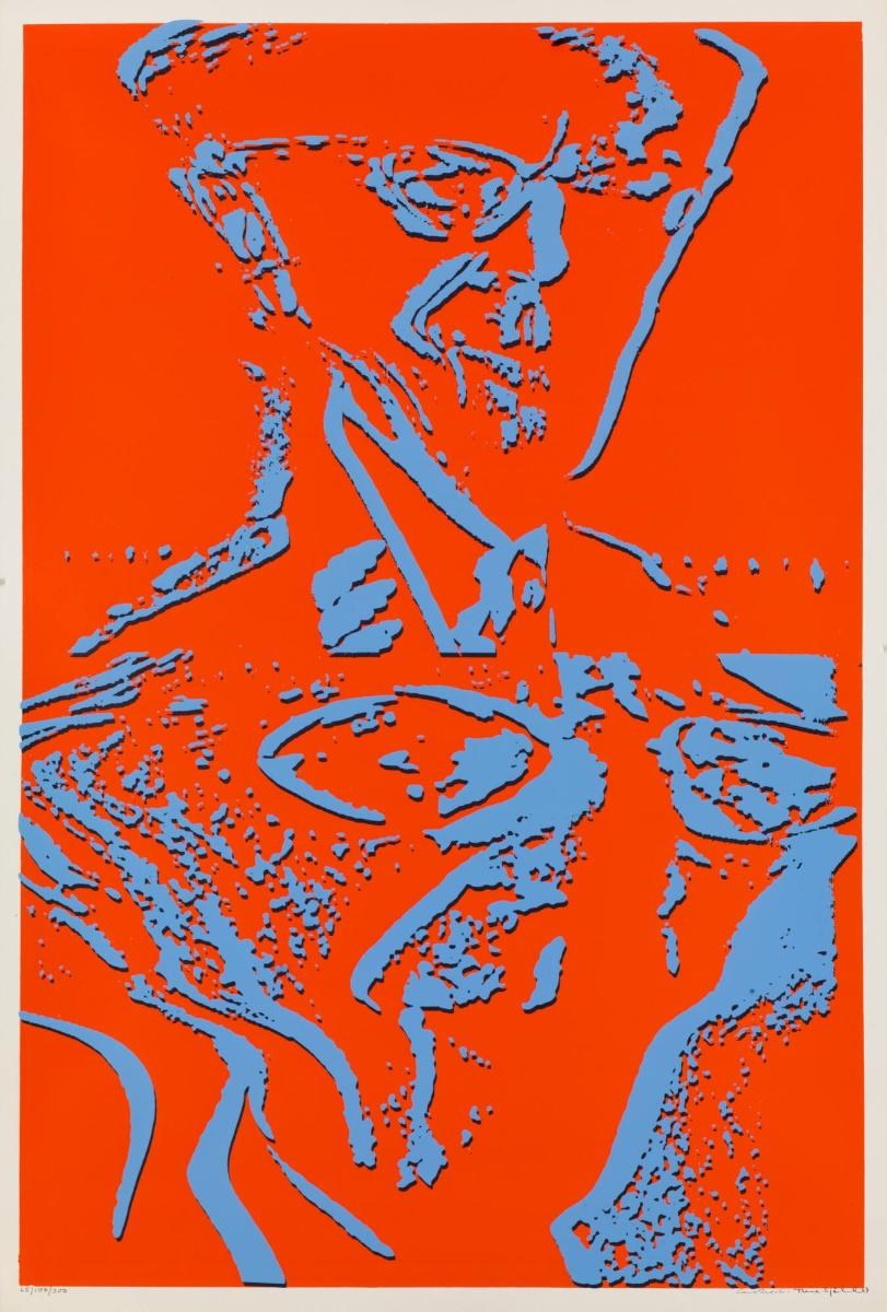 A silkscreen print in pale blue on a bright orange ground: a photographic image of a person, broken into wavy outlines and patches, so that a face and shoulders can only just be made out.