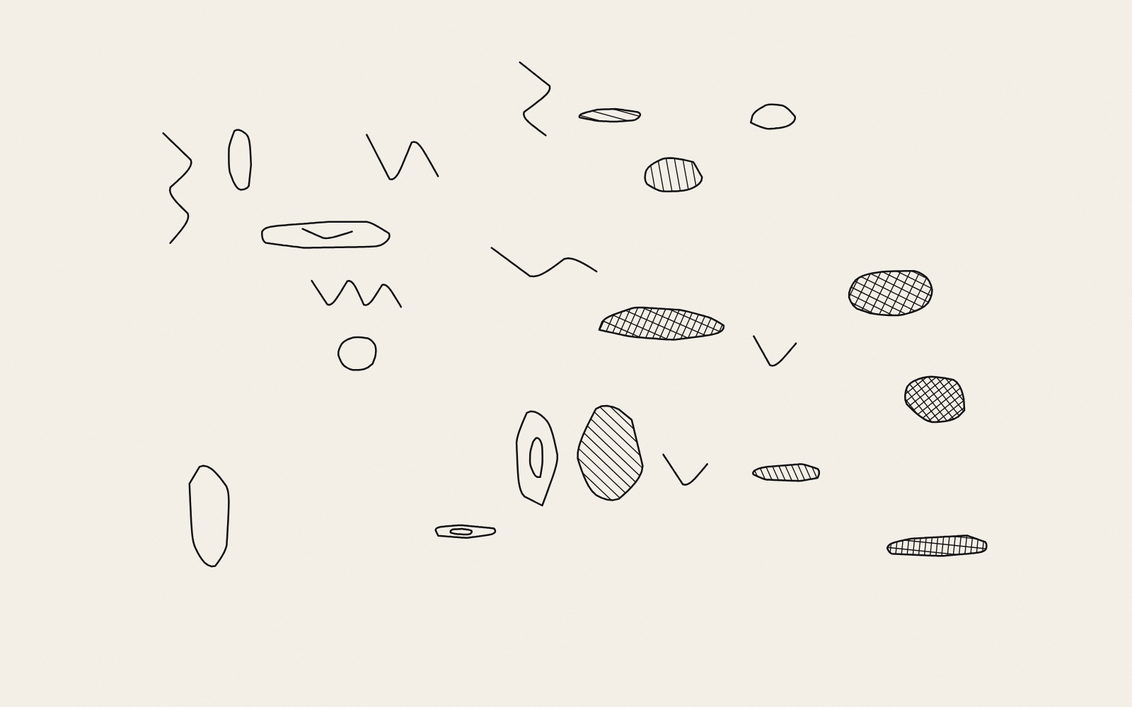 Scattered freehand-looking figures in black line on warm paper: rounded closed shapes, some hatched with parallel or crossed lines, one with a smaller shape inside, and open zigzag lines between them.