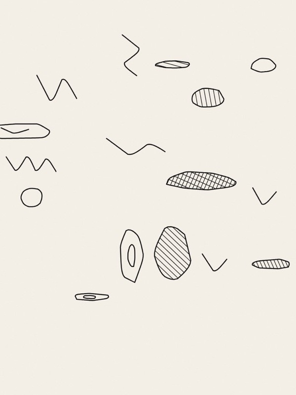 Scattered freehand-looking figures in black line on warm paper: rounded closed shapes, some hatched with parallel or crossed lines, one with a smaller shape inside, and open zigzag lines between them.