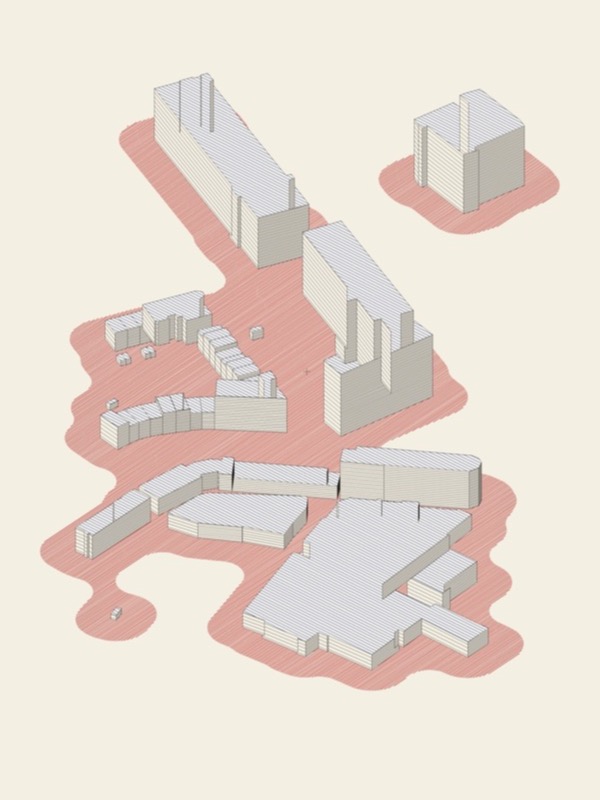 About forty buildings drawn in thin black lines on cream paper, seen from above at an angle: two long slabs, a tower block and low rows. The open ground between them is filled with dense red lines; the roofs carry fine blue lines.