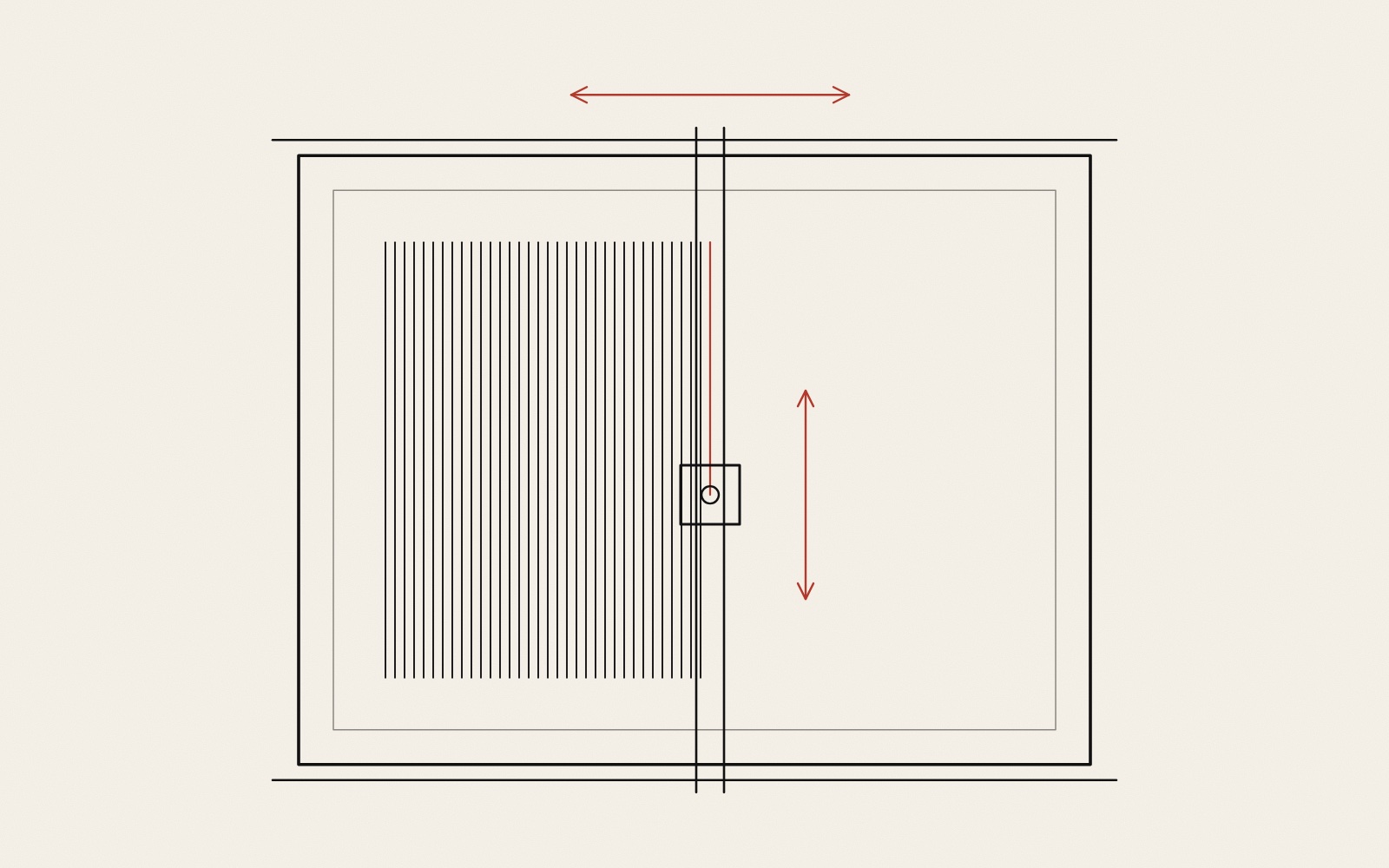 A simple line drawing of a flatbed plotter seen from above: a rectangular bed with a sheet of paper, a bridge across it on two rails, and a pen carriage on the bridge. To the left of the bridge the paper is covered with closely spaced parallel lines; a red line runs from the top of the next row down to the pen. Red arrows show the bridge moving along the bed and the pen moving along the bridge.