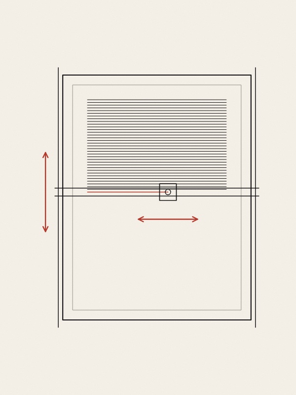 A simple line drawing of a flatbed plotter seen from above: a rectangular bed with a sheet of paper, a bridge across it on two rails, and a pen carriage on the bridge. To the left of the bridge the paper is covered with closely spaced parallel lines; a red line runs from the top of the next row down to the pen. Red arrows show the bridge moving along the bed and the pen moving along the bridge.