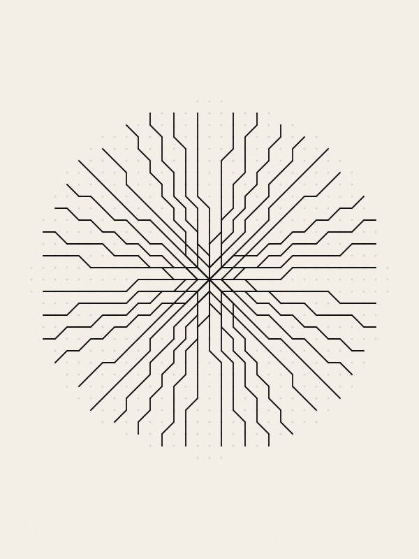 Left: a grid of grey dots with a thin dashed red line rising gently across it, and a thick black line that follows it in steps from dot to dot, straight and diagonal. Right: forty such stepped black lines radiating from one point in all directions, like a star.