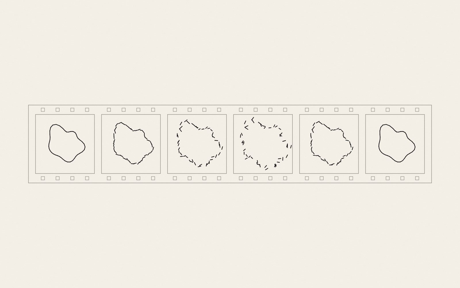 A strip of six film frames drawn in thin grey lines, with sprocket holes along both edges. In the first and last frame a closed black outline; in the frames between, the outline is broken into short straight pieces that drift apart and turn, most scattered in the fourth frame, then come together again.