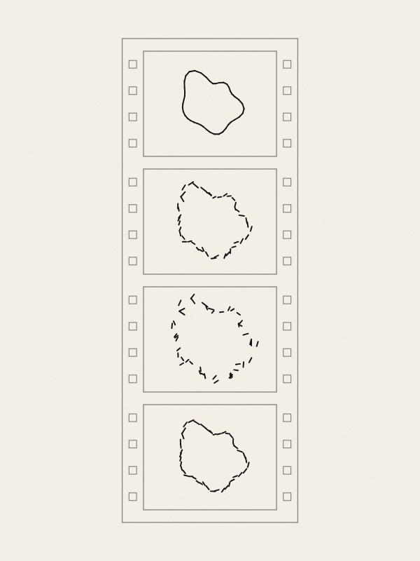 A strip of six film frames drawn in thin grey lines, with sprocket holes along both edges. In the first and last frame a closed black outline; in the frames between, the outline is broken into short straight pieces that drift apart and turn, most scattered in the fourth frame, then come together again.