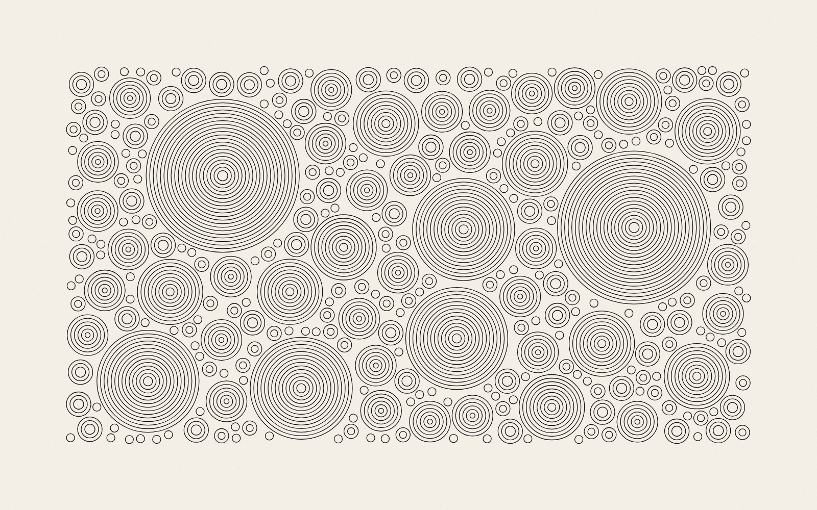 A rectangle on warm paper filled with circles of many sizes that do not overlap: a few large ones, more middle-sized ones, and many small ones in the gaps. Each circle is drawn as a set of thin concentric black rings.