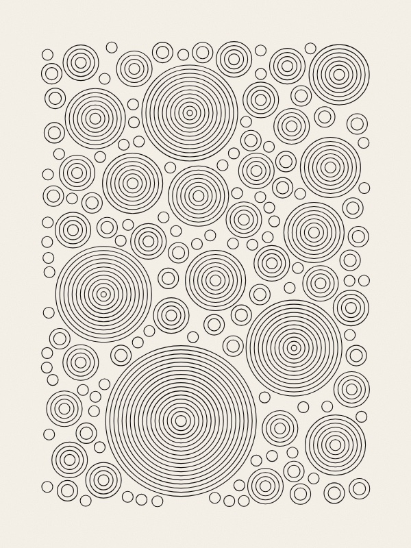 A rectangle on warm paper filled with circles of many sizes that do not overlap: a few large ones, more middle-sized ones, and many small ones in the gaps. Each circle is drawn as a set of thin concentric black rings.