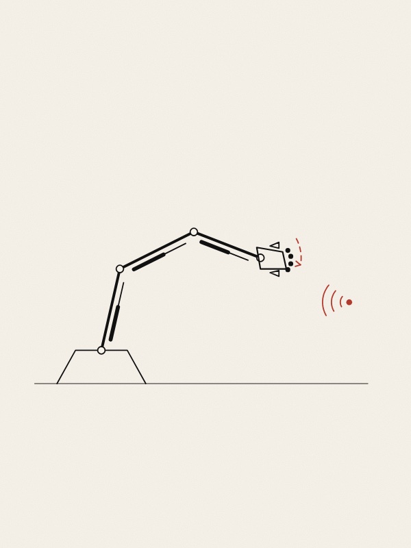 A line drawing in side view: a jointed arm of three straight segments rises from a trapezoid base on the floor, with a short piston beside each segment and small circles at the joints. At the end, a box-shaped head with four black dots for microphones and two small horns. To the right, a red dot gives off red sound waves, and a dashed red arrow shows the head turning toward it. Grey labels: hydraulic pistons, steel tube, microphones and radar, sound.