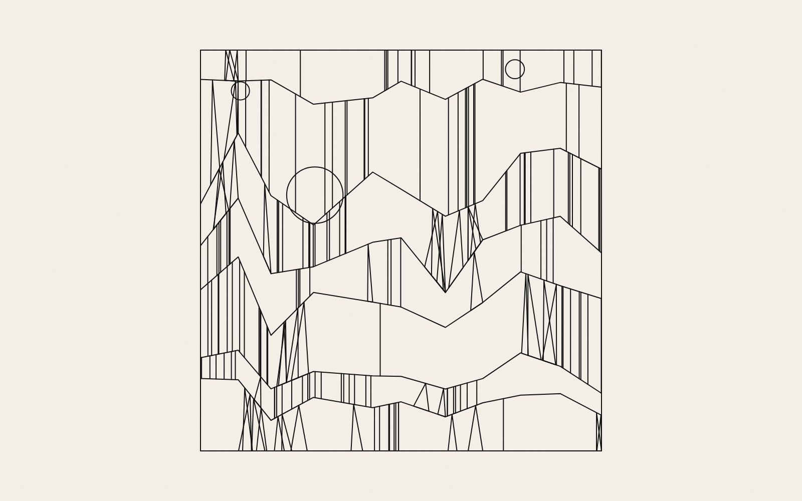 A square of thin black lines on warm paper: bent, roughly horizontal bands stacked from top to bottom. Some cells between the bends hold vertical lines, some narrow triangles, some are empty, and three circles lie on top.