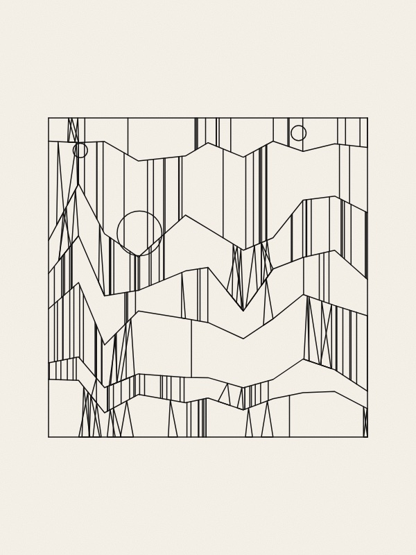 A square of thin black lines on warm paper: bent, roughly horizontal bands stacked from top to bottom. Some cells between the bends hold vertical lines, some narrow triangles, some are empty, and three circles lie on top.