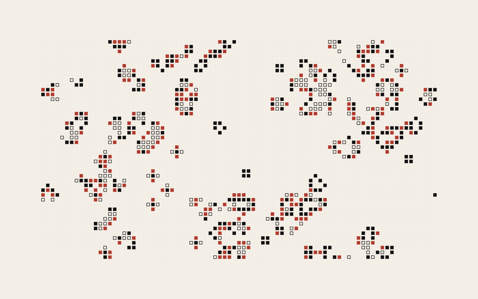 A grid of faint grey dots on warm paper with clusters of small squares. Black squares are cells that survive into the next generation, red squares are cells being born, and open black outlines are cells about to die.