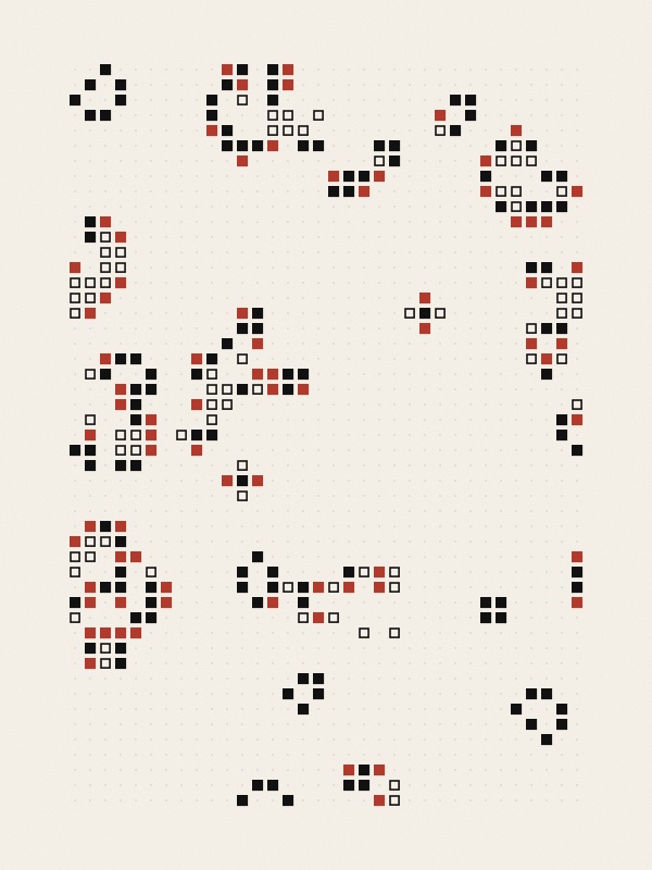 A grid of faint grey dots on warm paper with clusters of small squares. Black squares are cells that survive into the next generation, red squares are cells being born, and open black outlines are cells about to die.